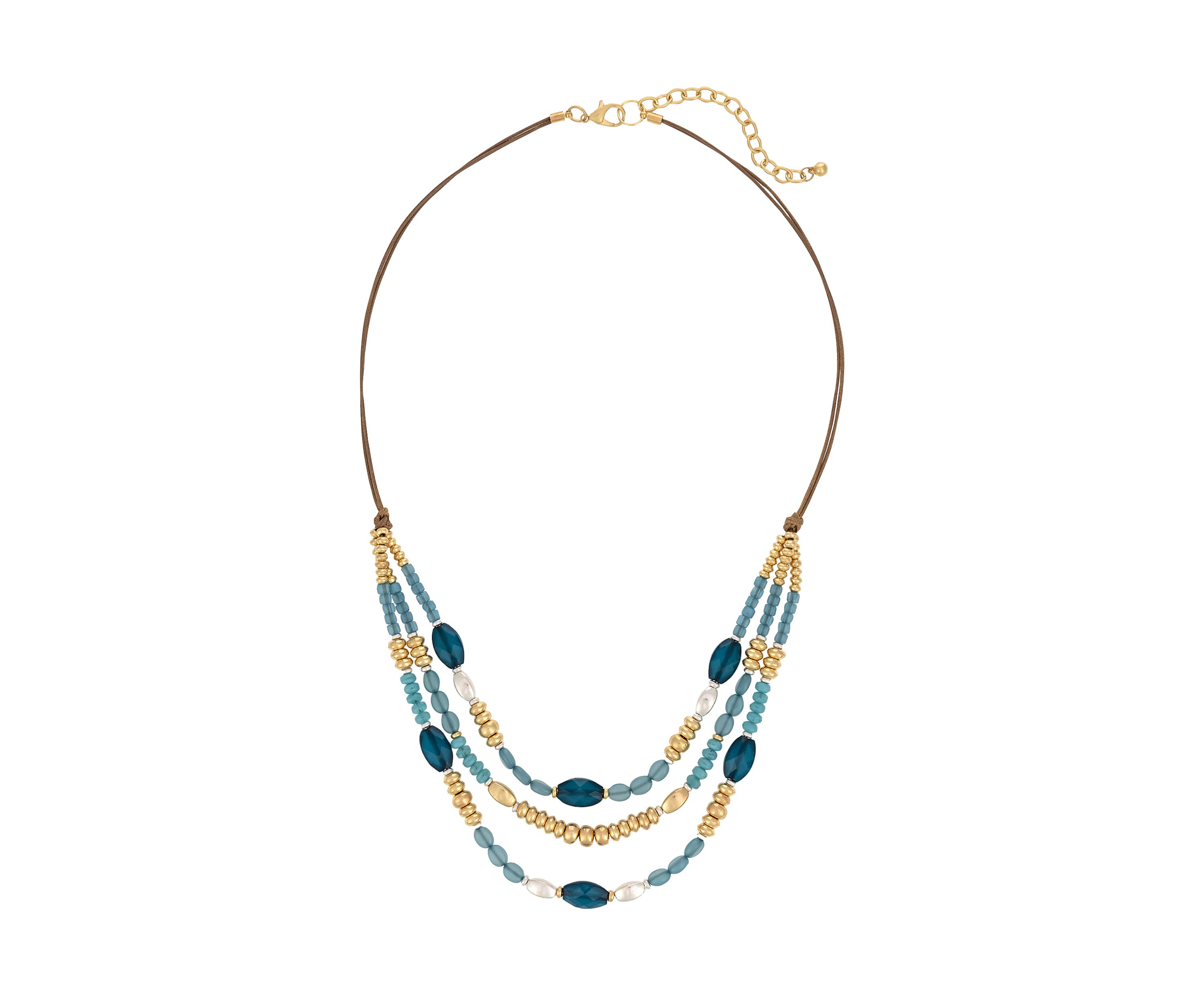 Two Tone 3 Row Teal Multi Beads Frontal with Cord Back Necklace