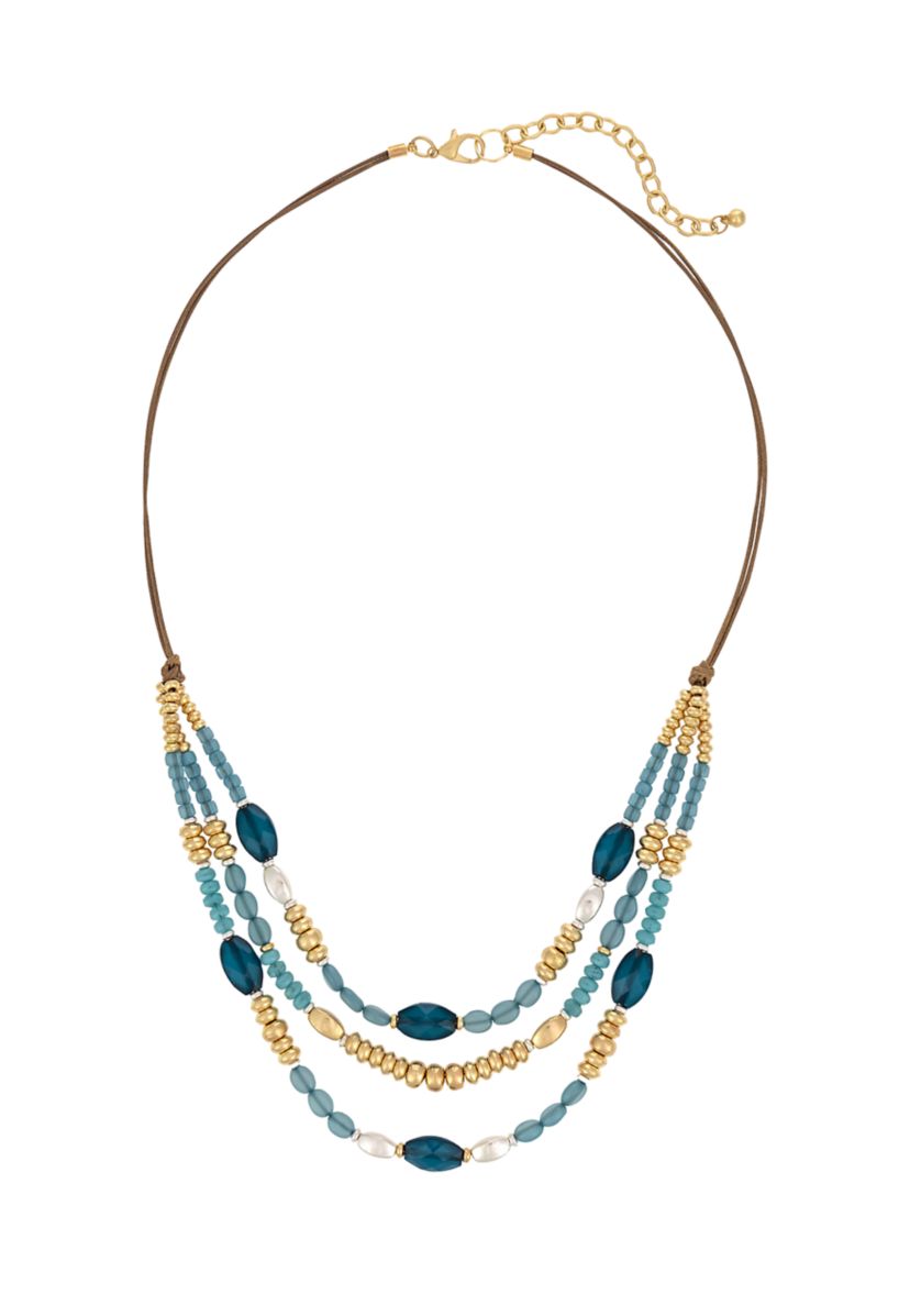 Two Tone 3 Row Teal Multi Beads Frontal with Cord Back Necklace