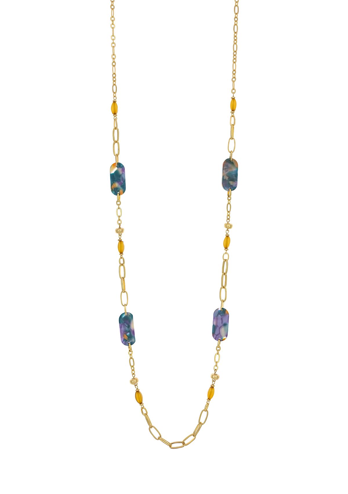 Gold Tone Long Linked with Teal Multi Rectangular Lucite Stations Necklace