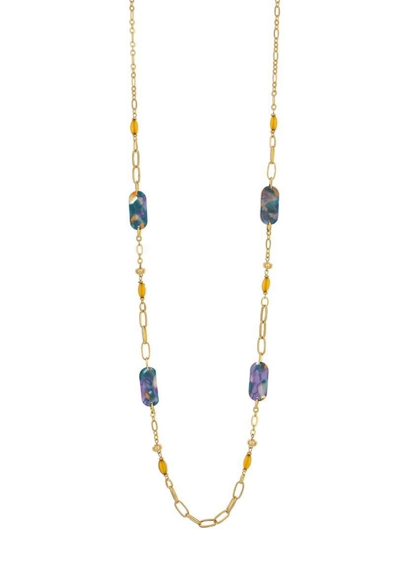 Gold Tone Long Linked with Teal Multi Rectangular Lucite Stations Necklace