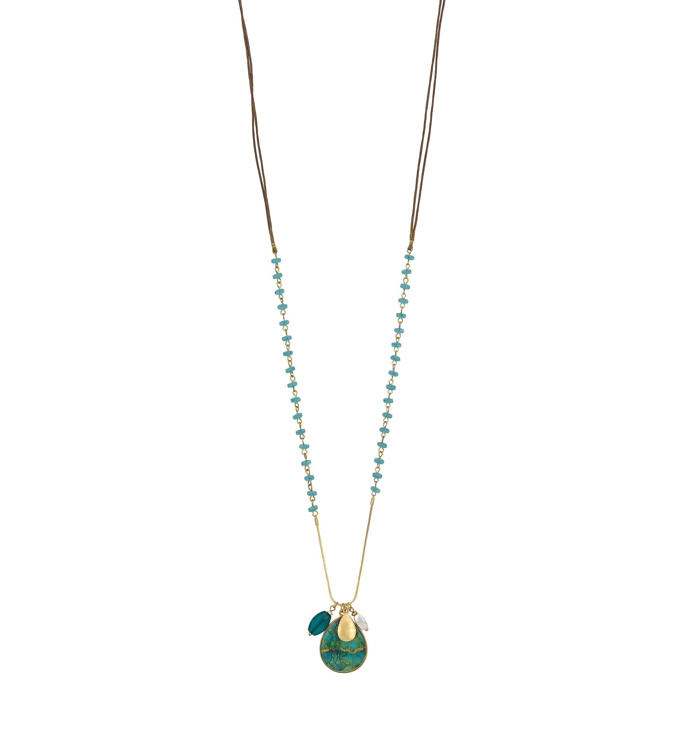 Two-Tone Link Beads with Teal Multi Drop Necklace 
