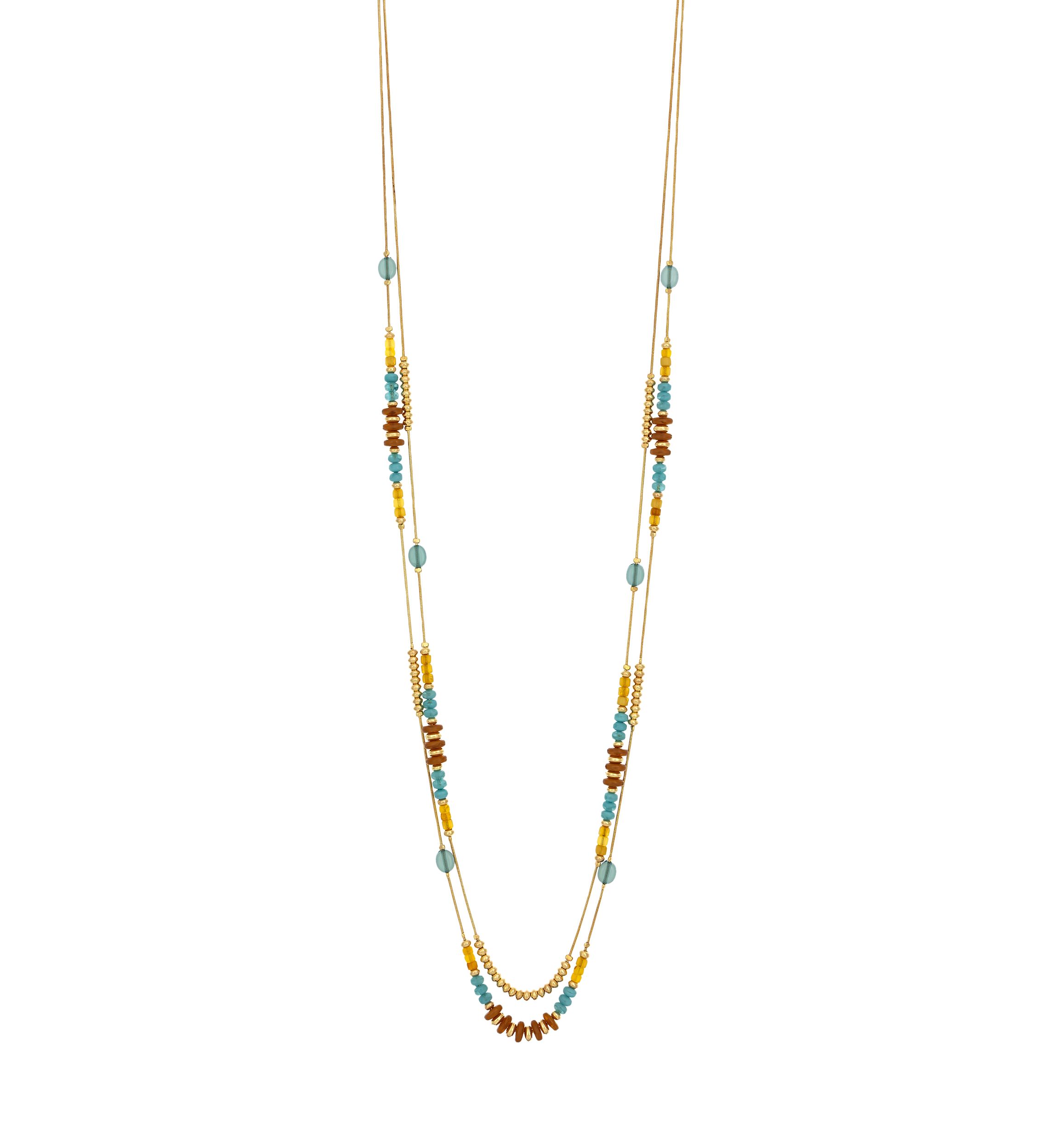 Gold-Tone 2-Row Long with Teal and Multi Neutral Bead Stations Necklace 