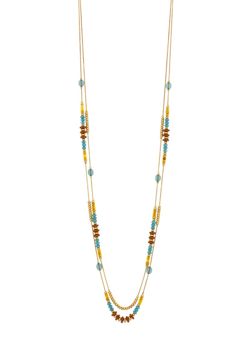 Gold-Tone 2-Row Long with Teal and Multi Neutral Bead Stations Necklace 