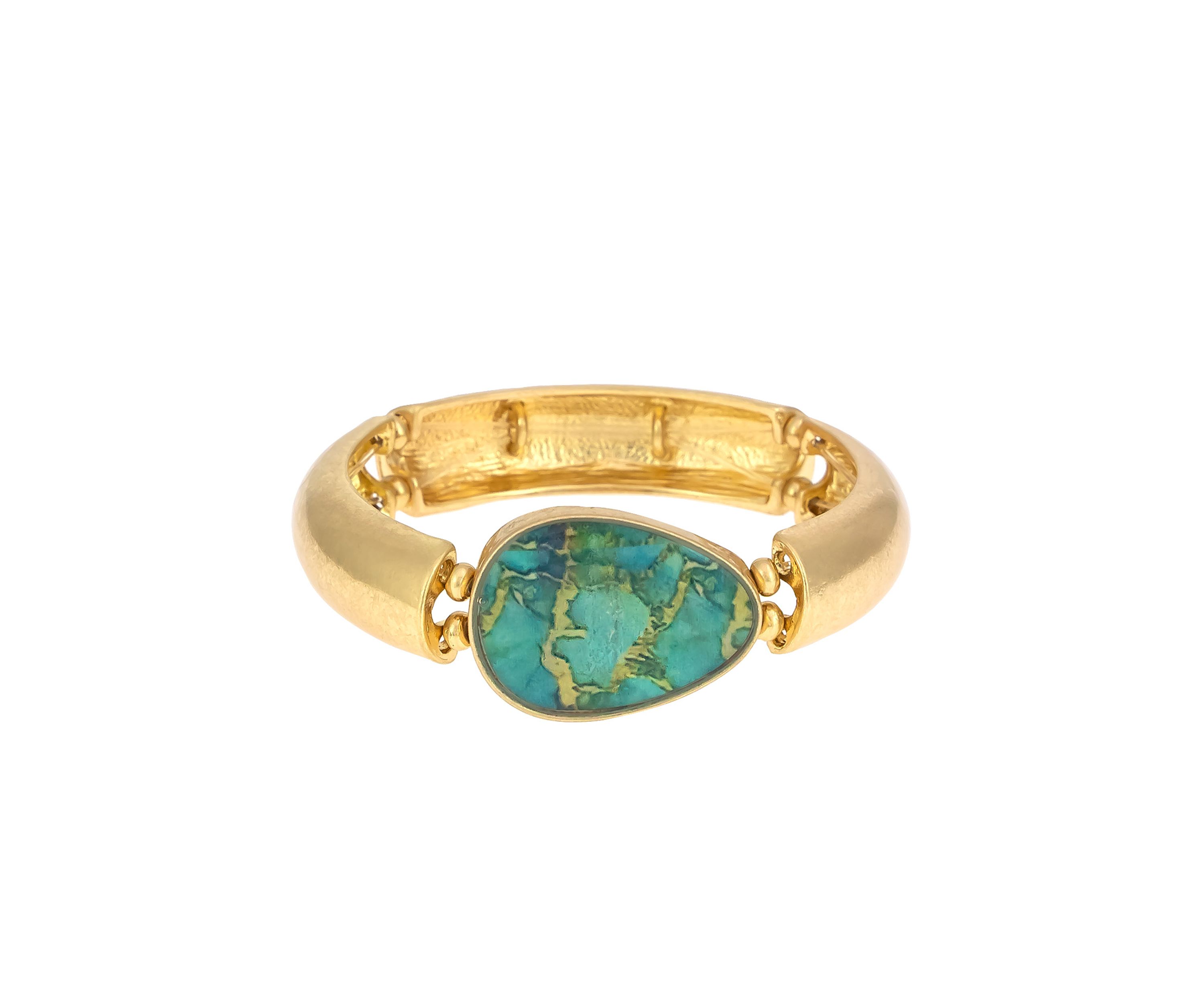 Gold Tone Stretch Bangle with Teal Multi Stone Center Accent Bracelet