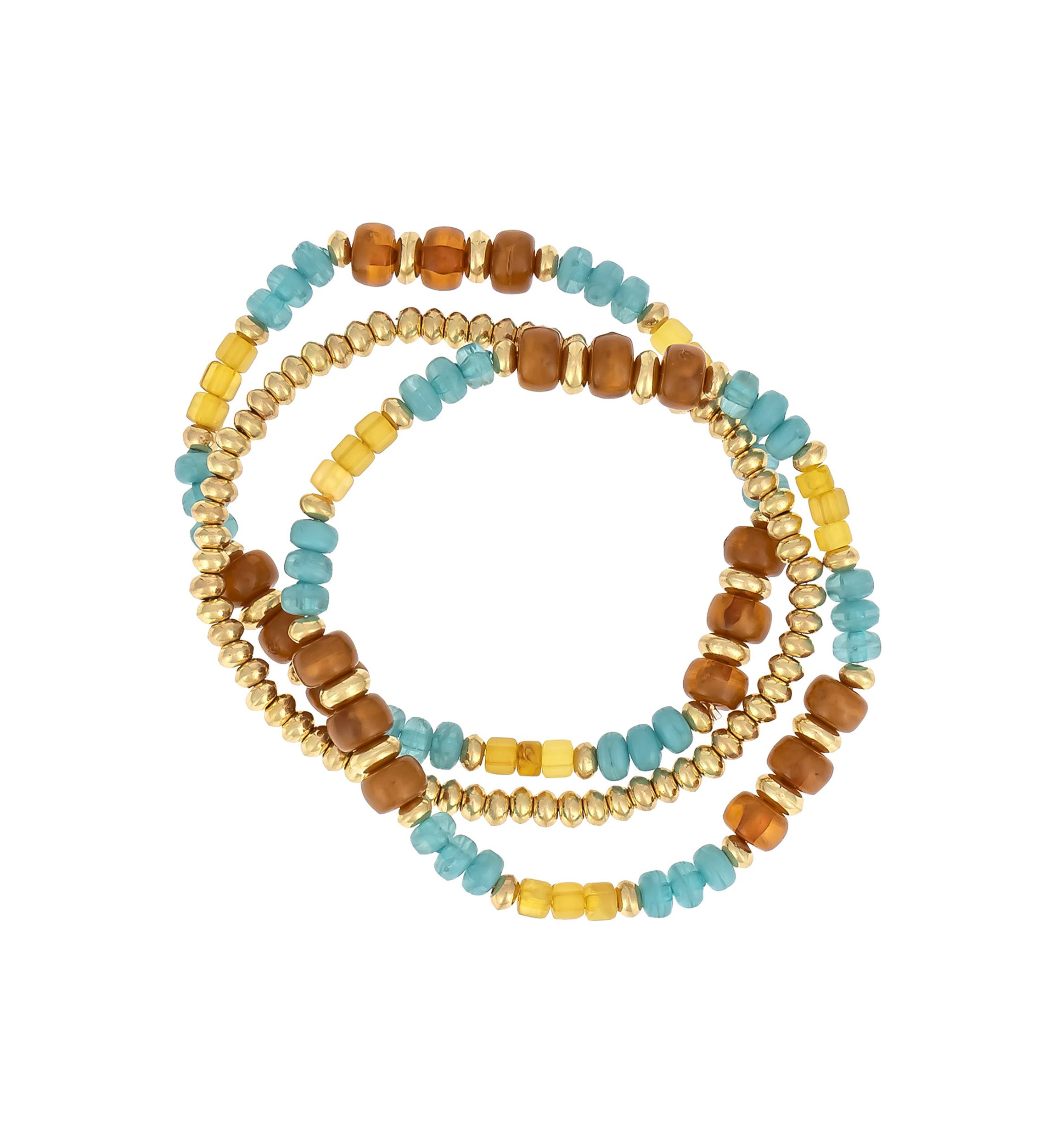Gold Tone 3 Row Teal and Multi Neutral Beaded Stretch Bracelet Set