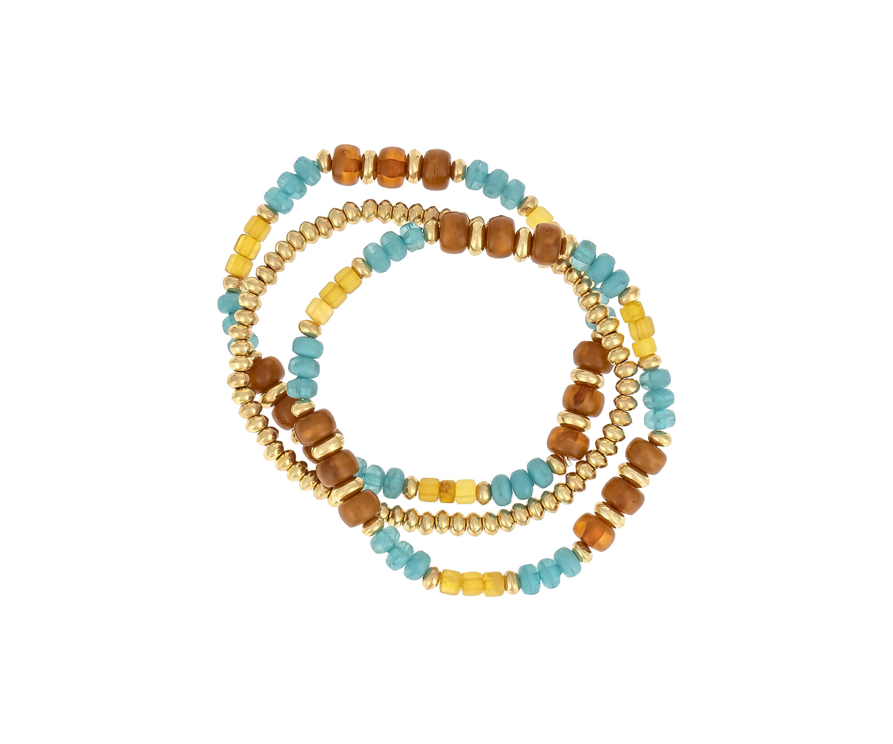 Gold Tone 3 Row Teal and Multi Neutral Beaded Stretch Bracelet Set