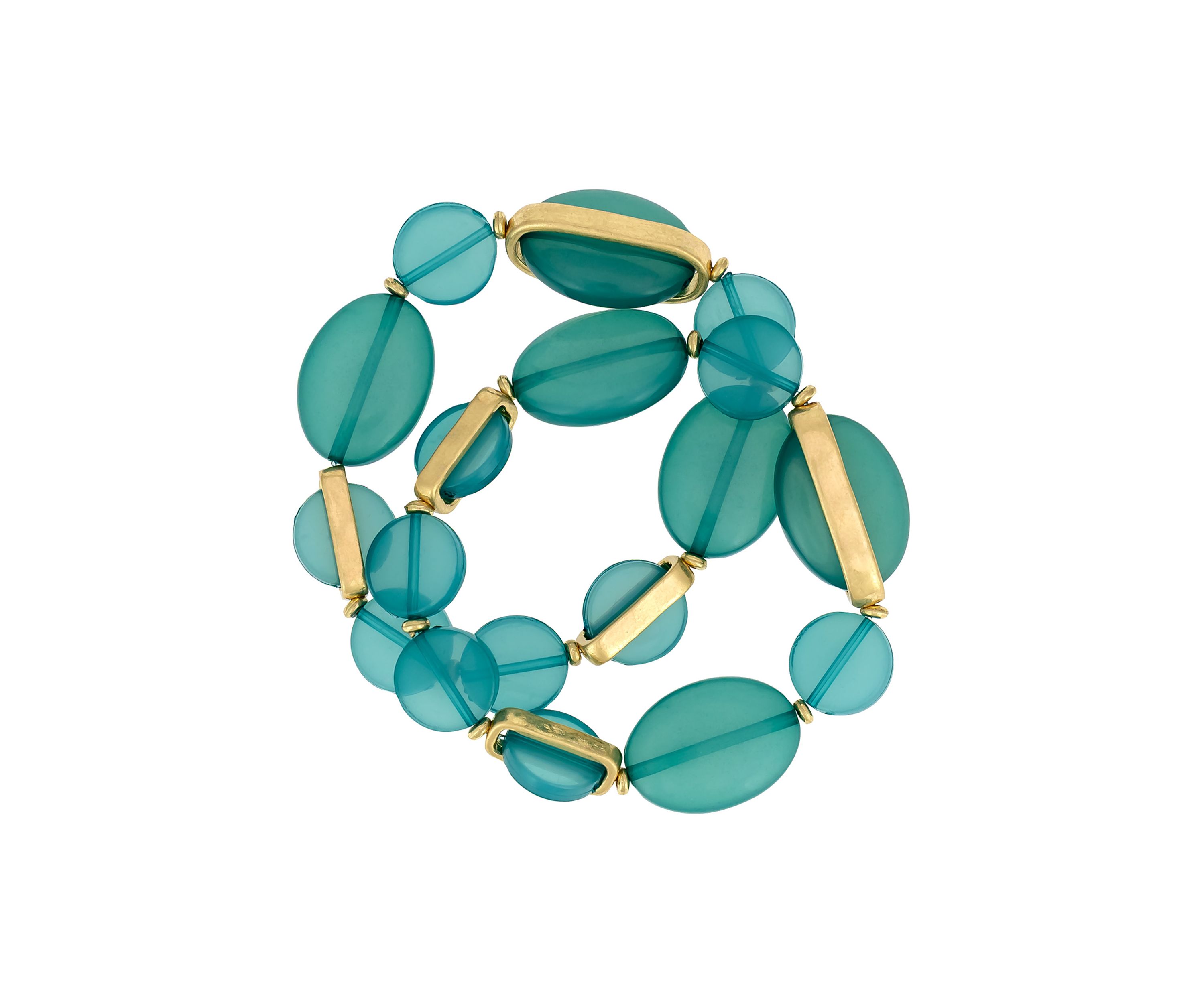 Gold Tone Two Row Teal Beaded Stretch Bracelet Set
