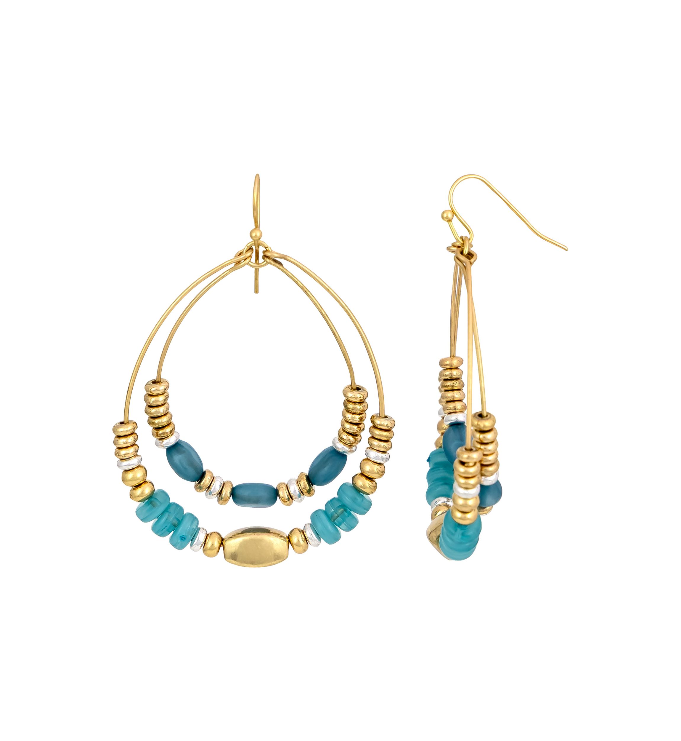 Two-Tone, Double Row Gypsy Hoop With Teal Multi Beads on Fish Hook
