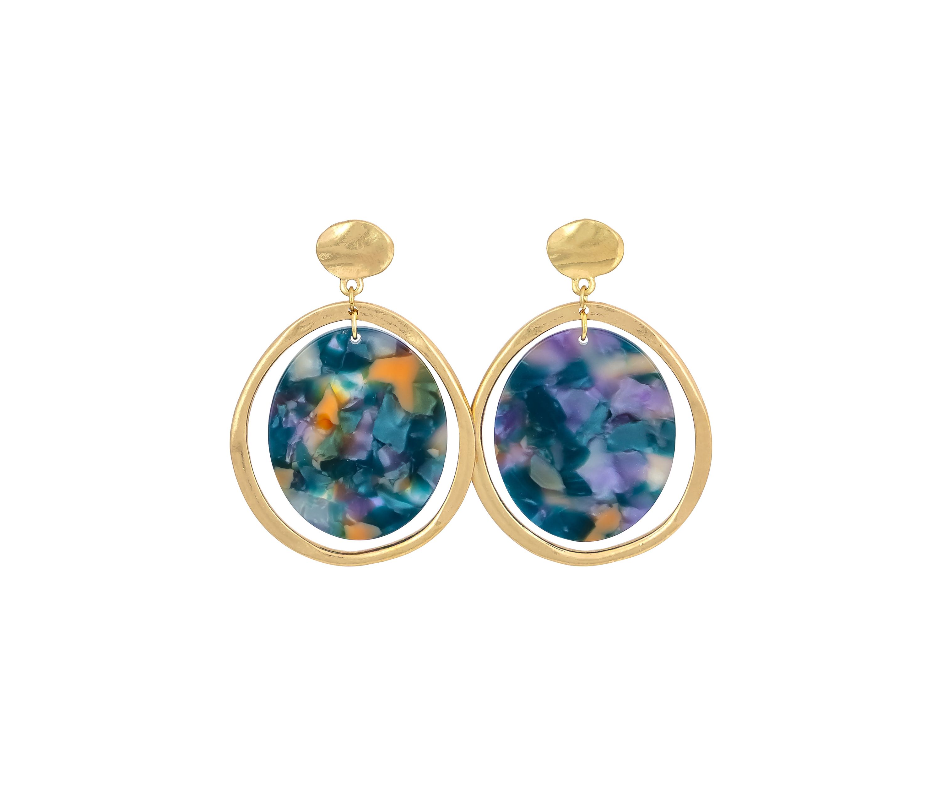 Gold-Tone Orbital Teal Multi Lucite Oval Drop Earrings 