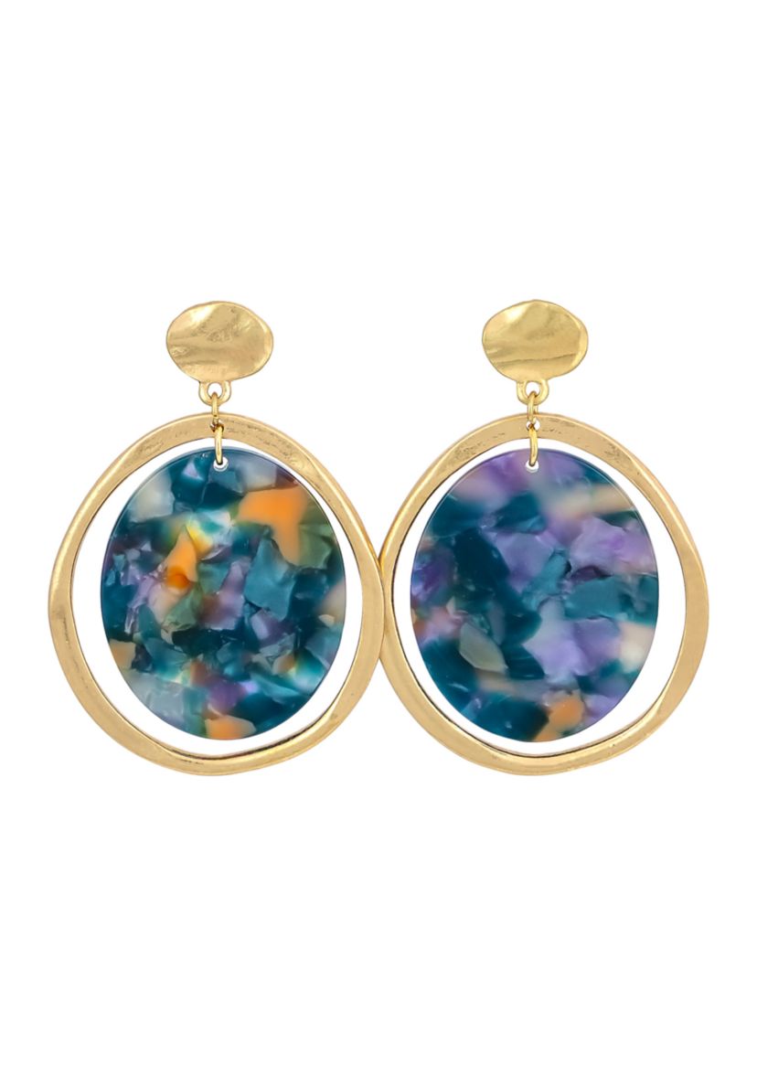 Gold-Tone Orbital Teal Multi Lucite Oval Drop Earrings 