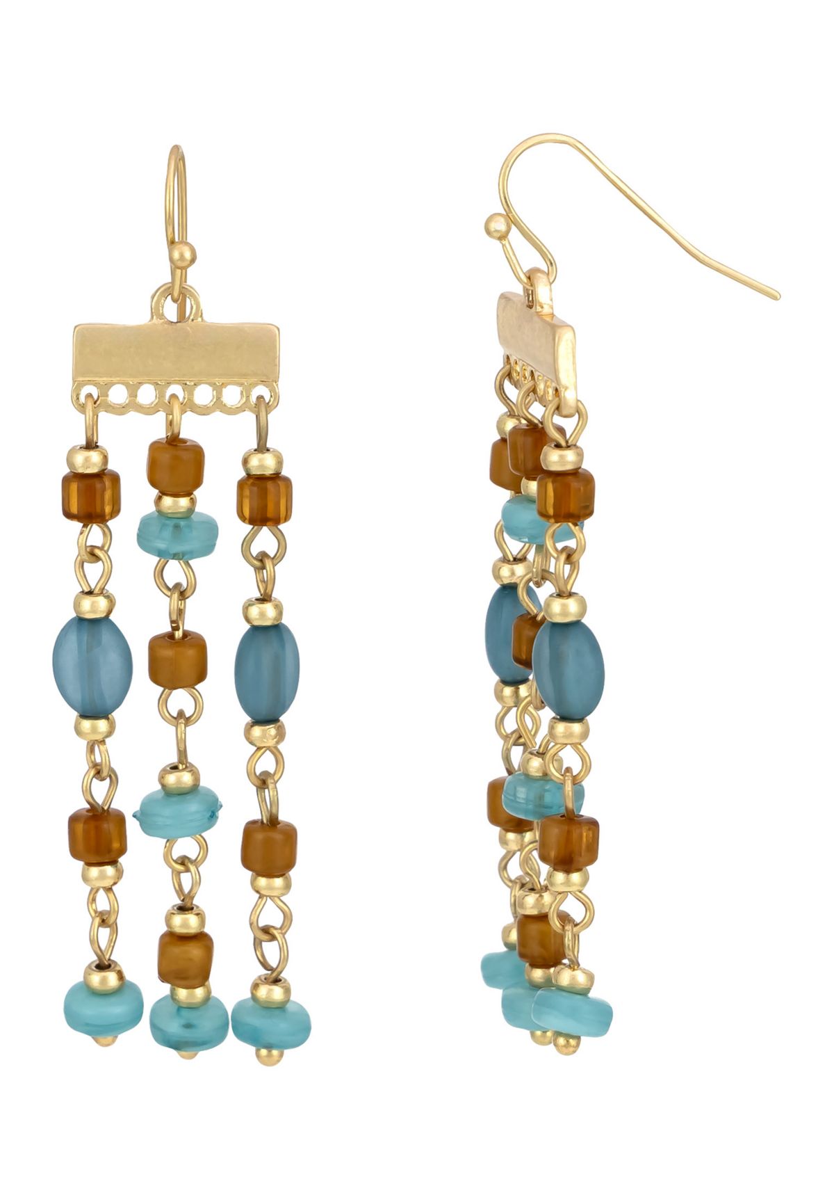 Gold Tone Teal Multi Bead Chandelier Drop Earrings