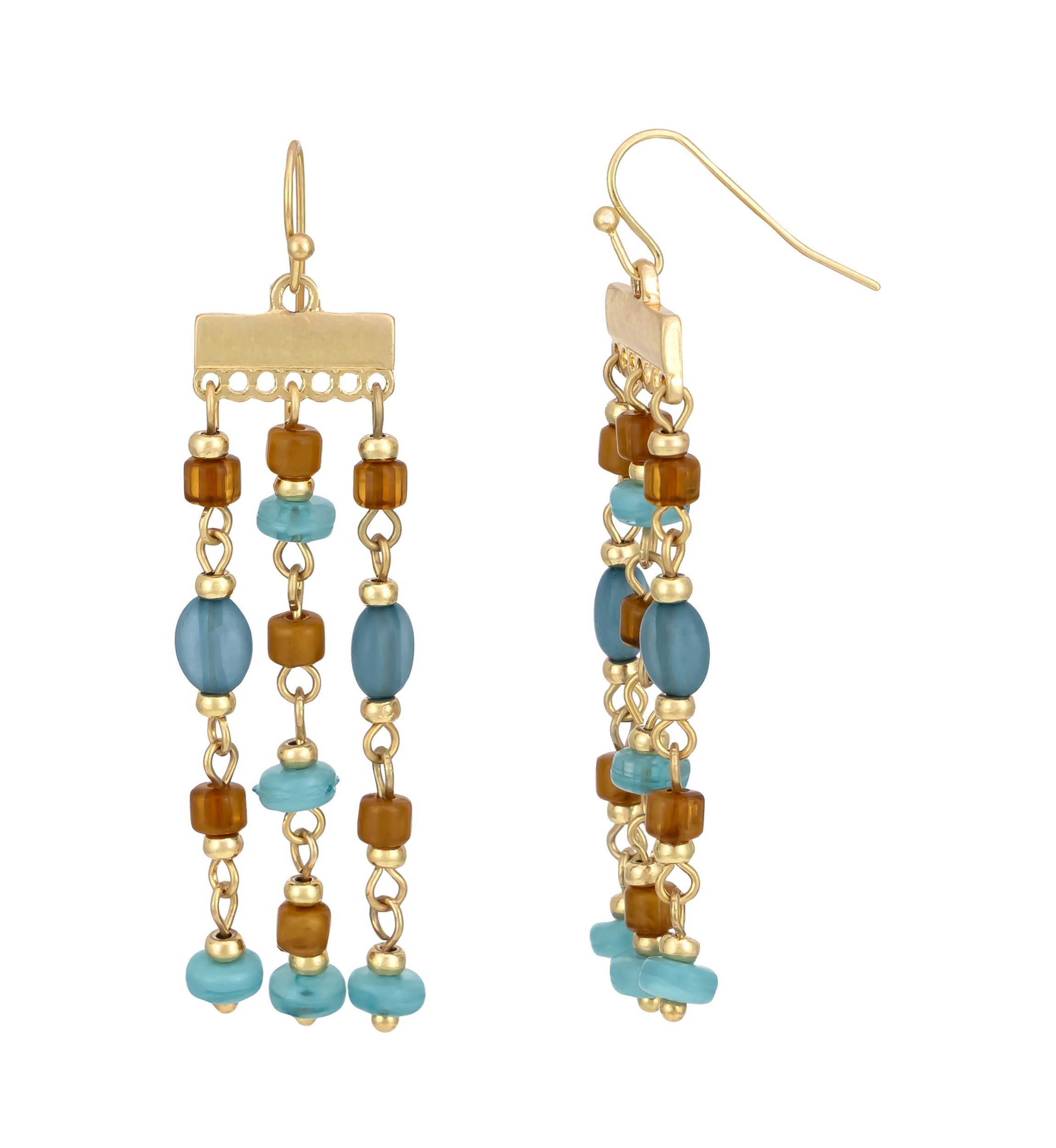 Gold Tone Teal Multi Bead Chandelier Drop Earrings