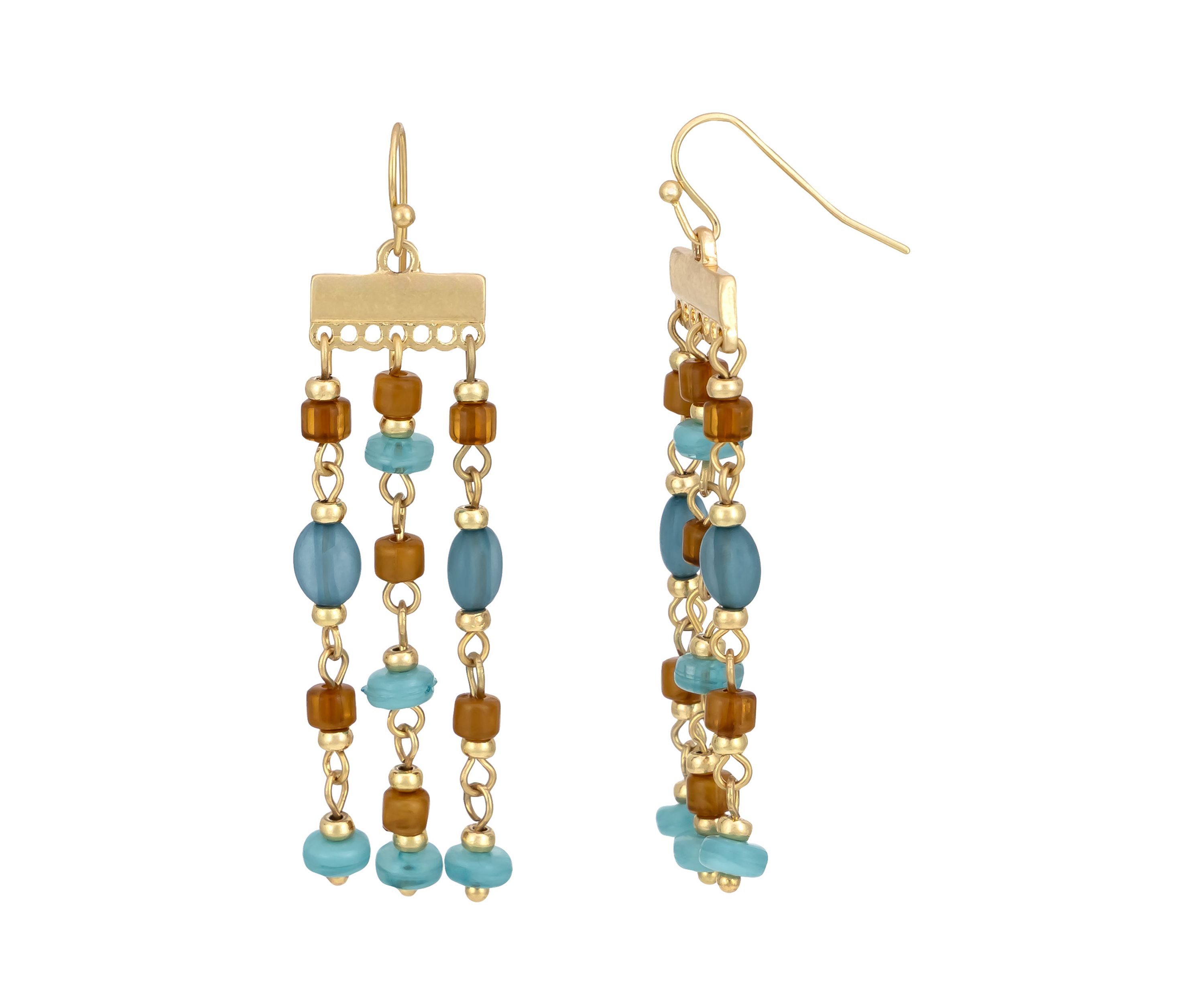 Gold Tone Teal Multi Bead Chandelier Drop Earrings