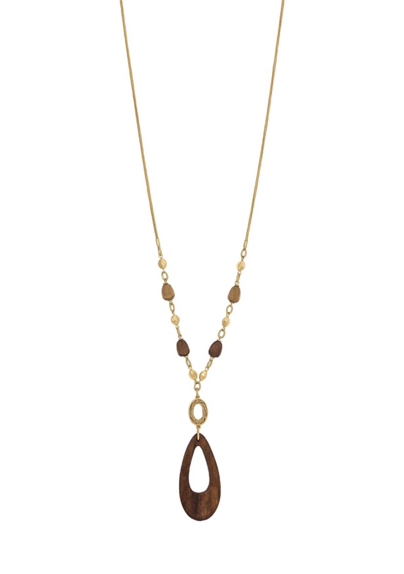  Elongated Wood Teardrop Pendant Necklace