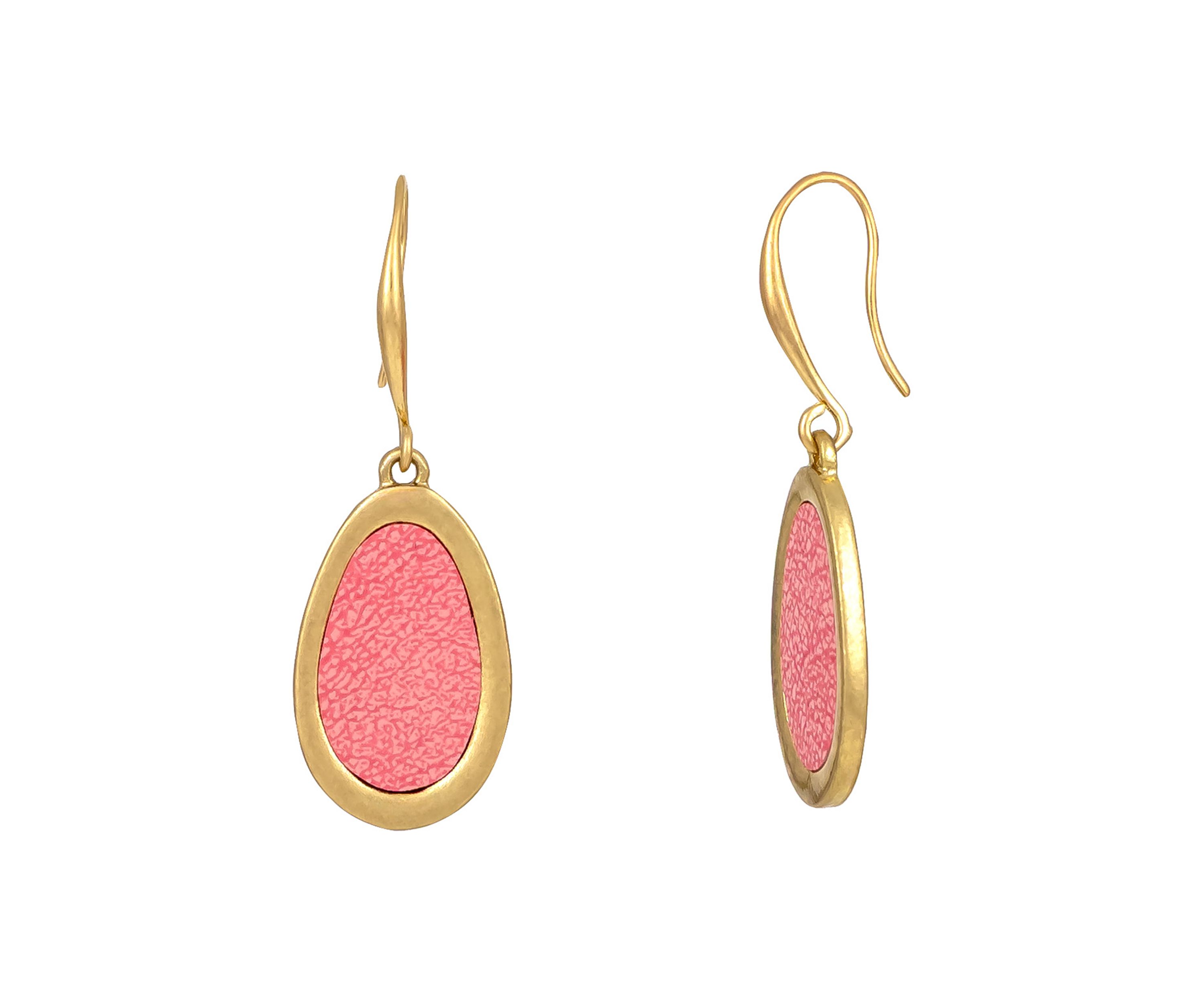 Pink Oval Gold Tone Drop Earrings