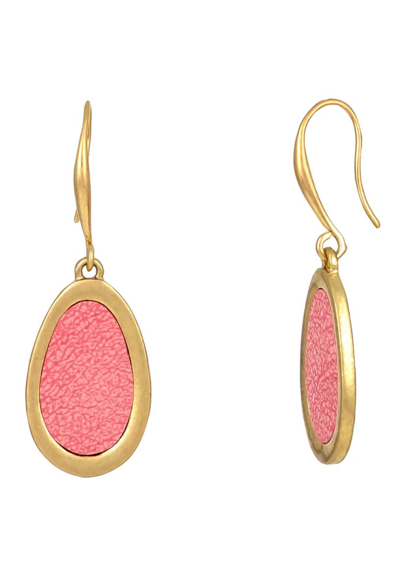 Pink Oval Gold Tone Drop Earrings