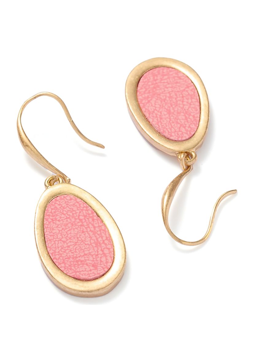 Pink Oval Gold Tone Drop Earrings