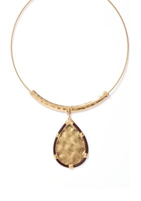 Wonderly Neckwire Necklace with Brown Cord Framed Hammered Teardrop Pendant, 17 in