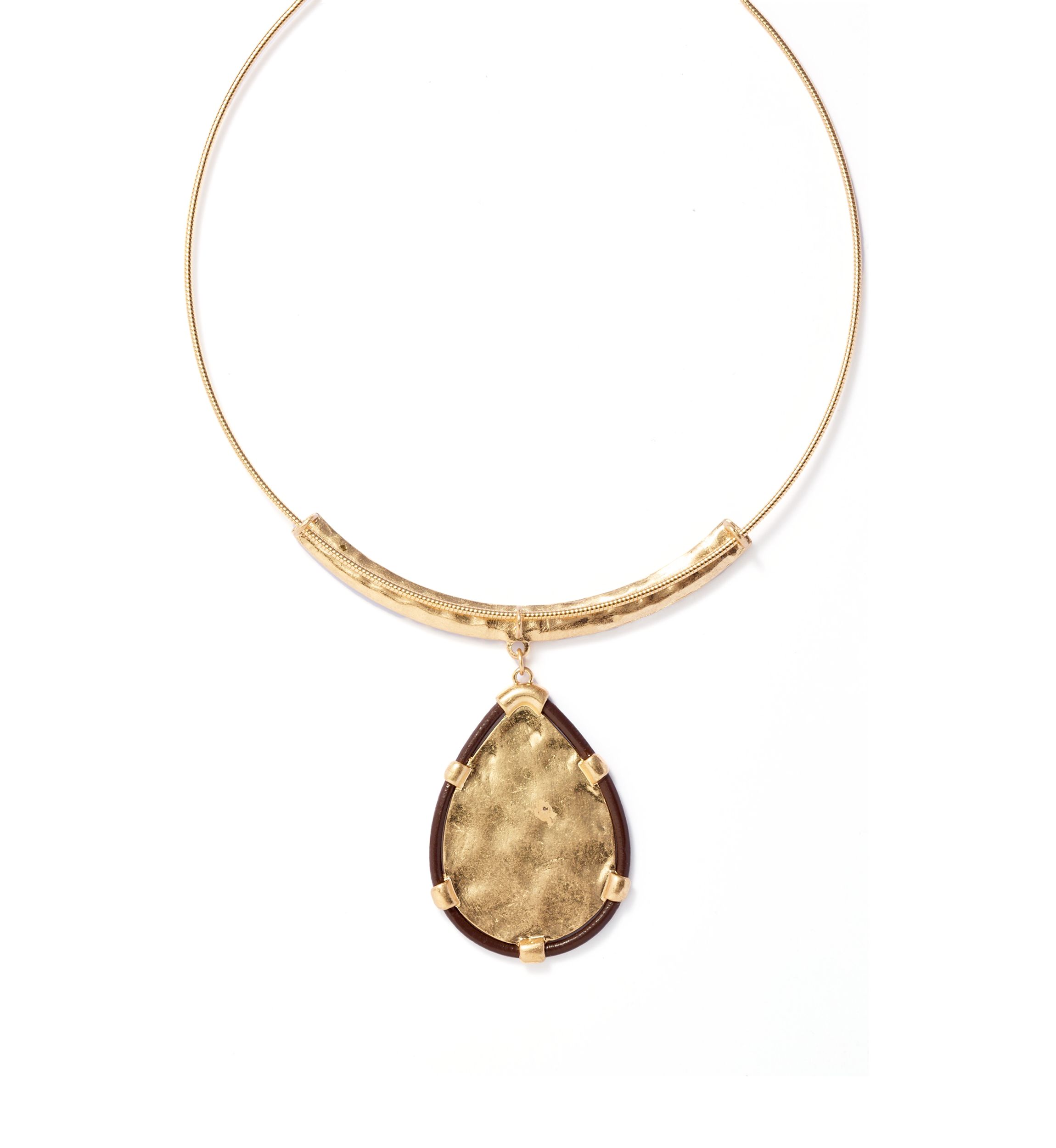 Neckwire Necklace with Brown Cord Framed Hammered Teardrop Pendant 