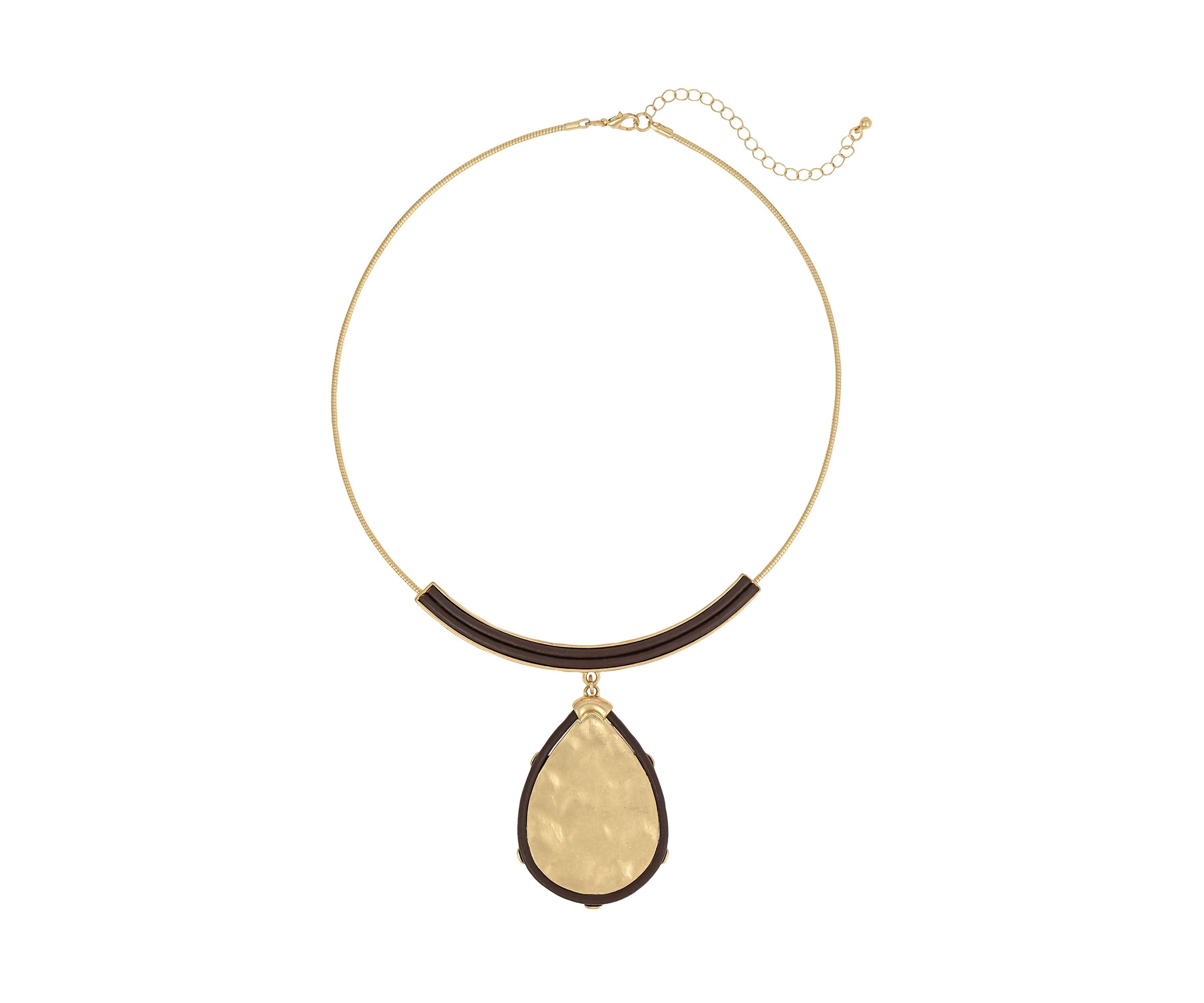 Neckwire Necklace with Brown Cord Framed Hammered Teardrop Pendant 