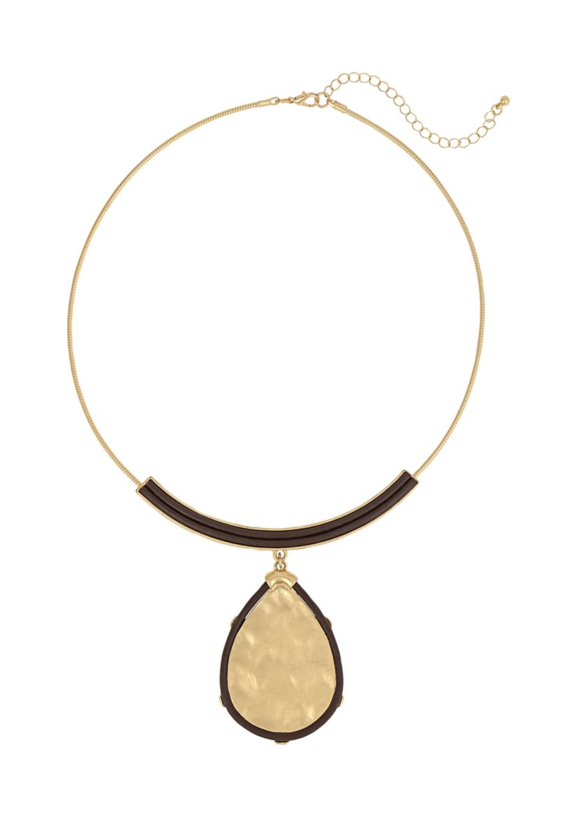 Neckwire Necklace with Brown Cord Framed Hammered Teardrop Pendant 