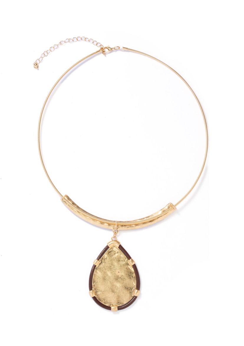 Neckwire Necklace with Brown Cord Framed Hammered Teardrop Pendant 