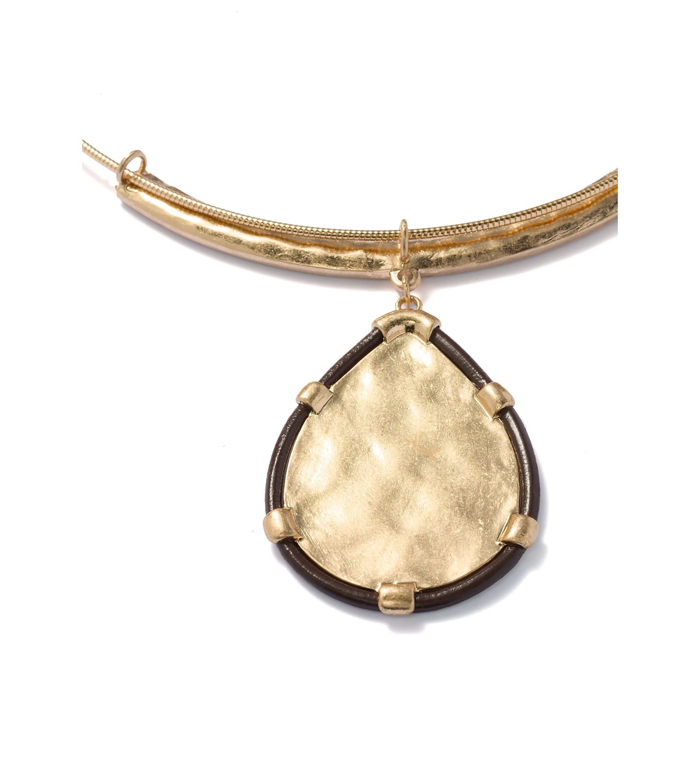 Neckwire Necklace with Brown Cord Framed Hammered Teardrop Pendant 