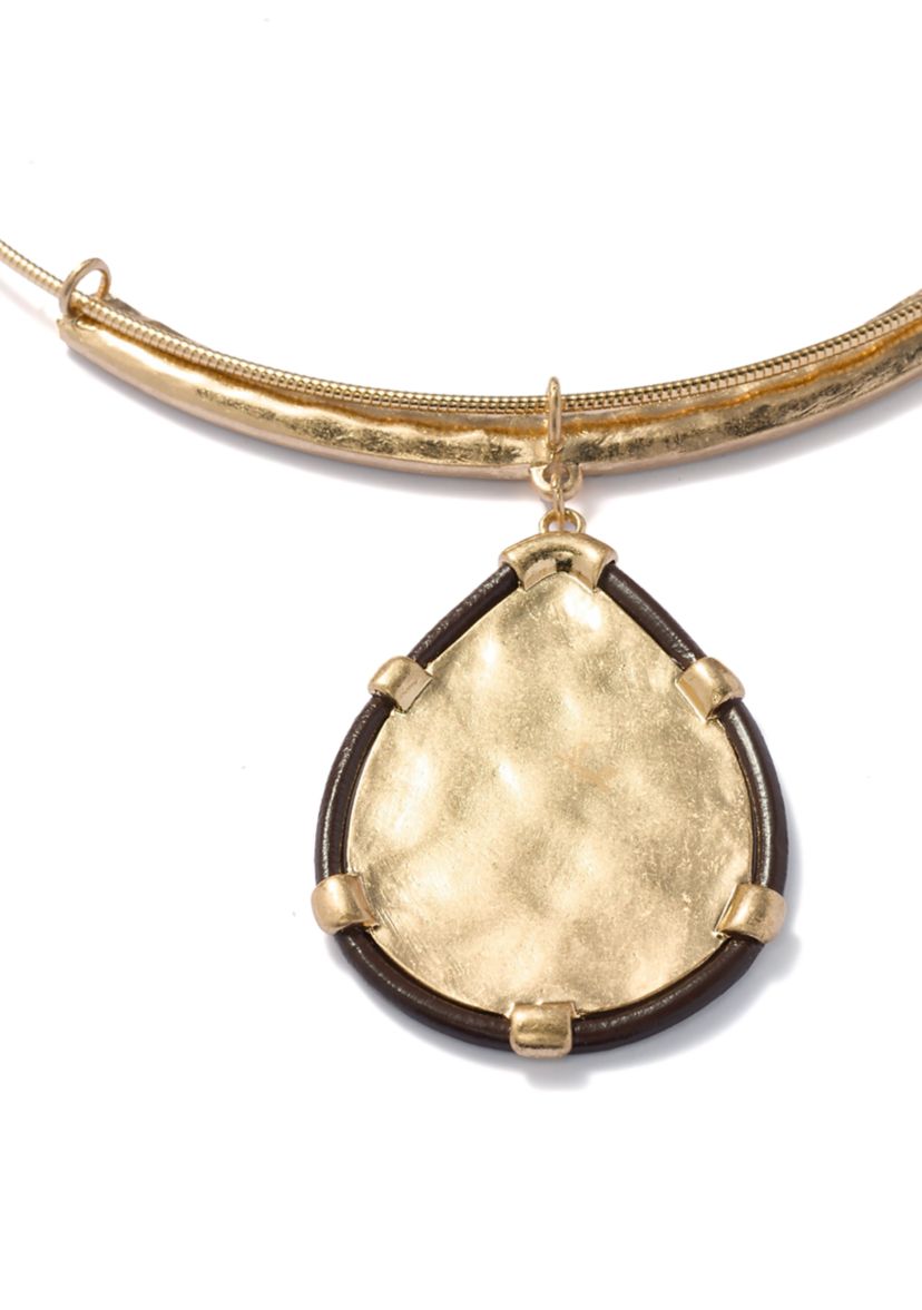 Neckwire Necklace with Brown Cord Framed Hammered Teardrop Pendant 