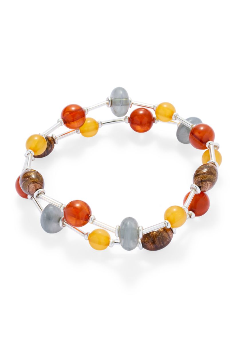 Multi Bead Silver Tone Stretch Bracelet Set