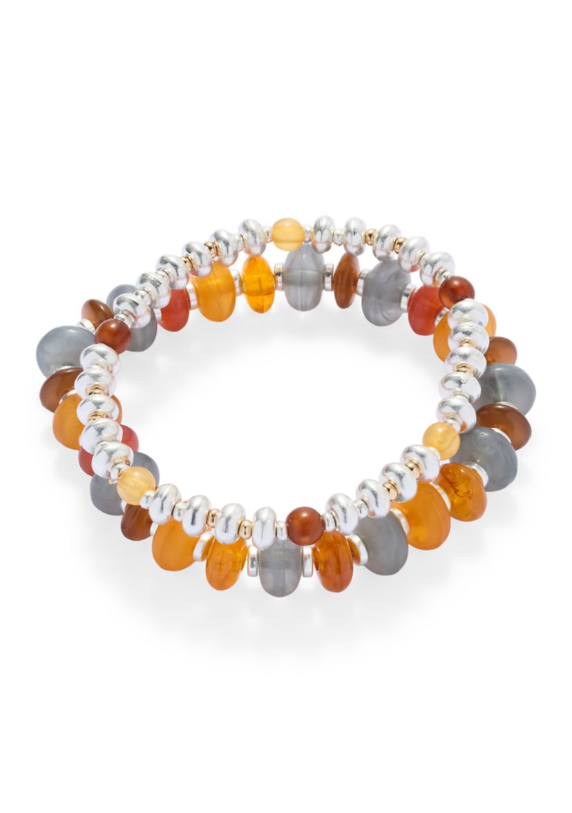 Multi Bead Silver Tone Stretch Bracelet Set