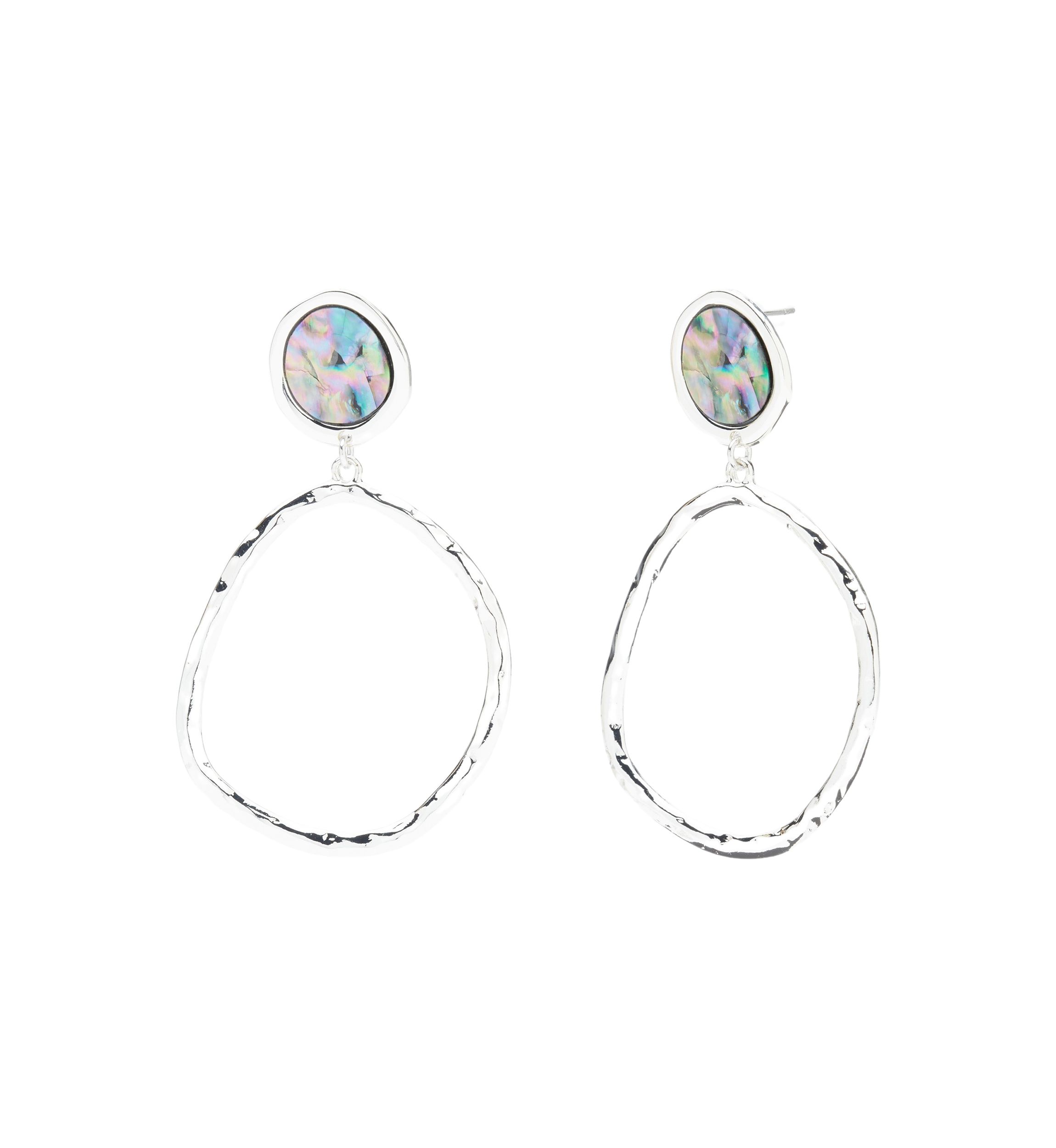 Silver Tone Abalone Hoop Drop Earrings