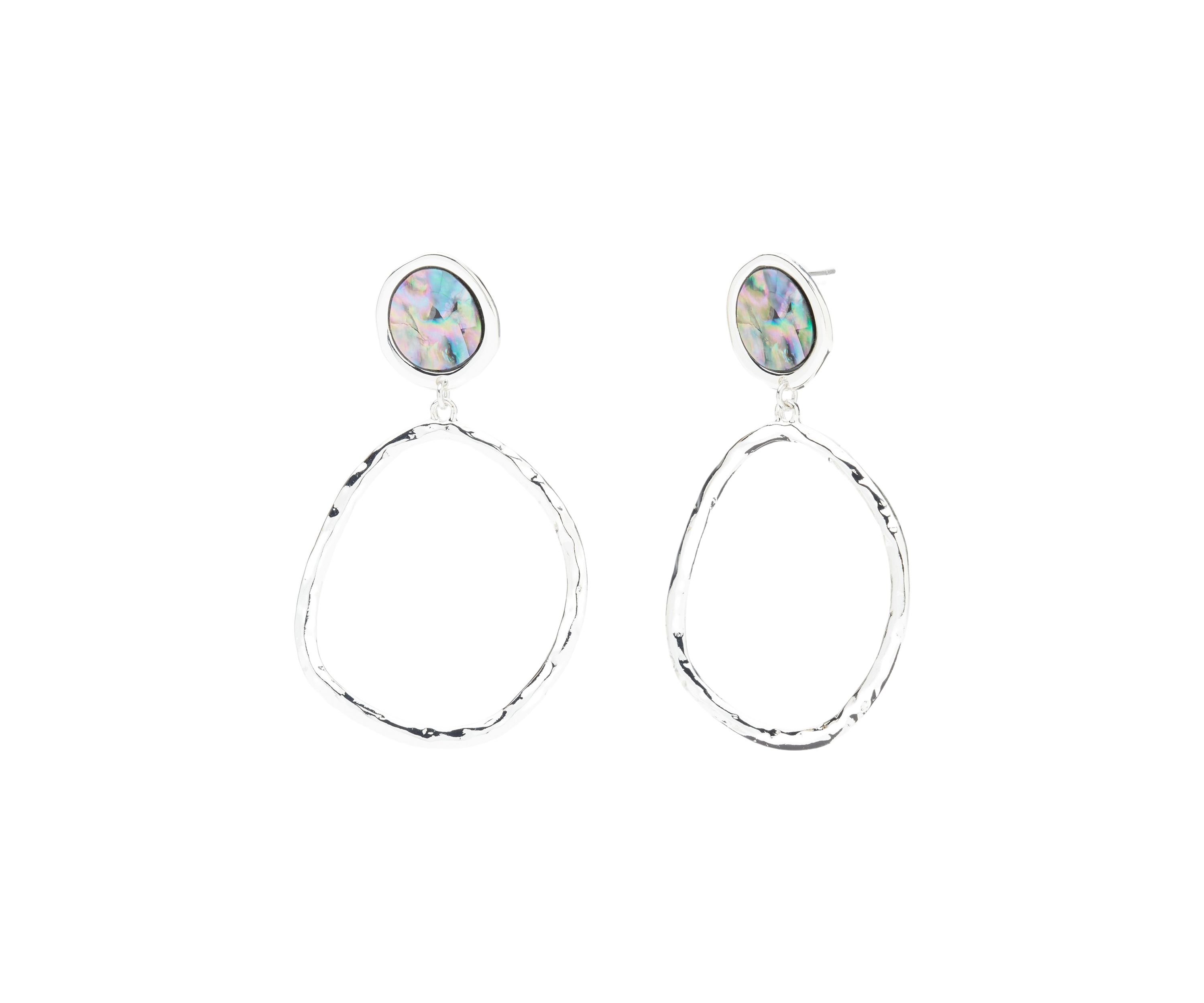 Silver Tone Abalone Hoop Drop Earrings