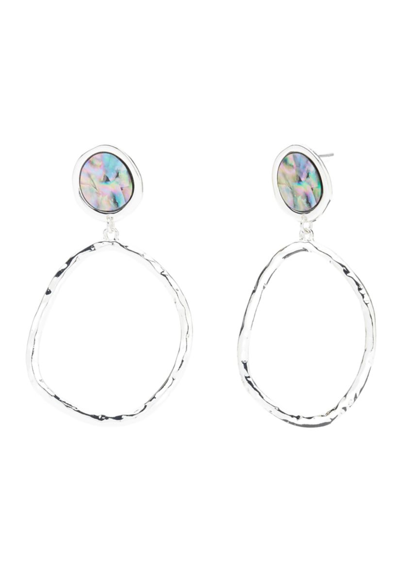 Silver Tone Abalone Hoop Drop Earrings