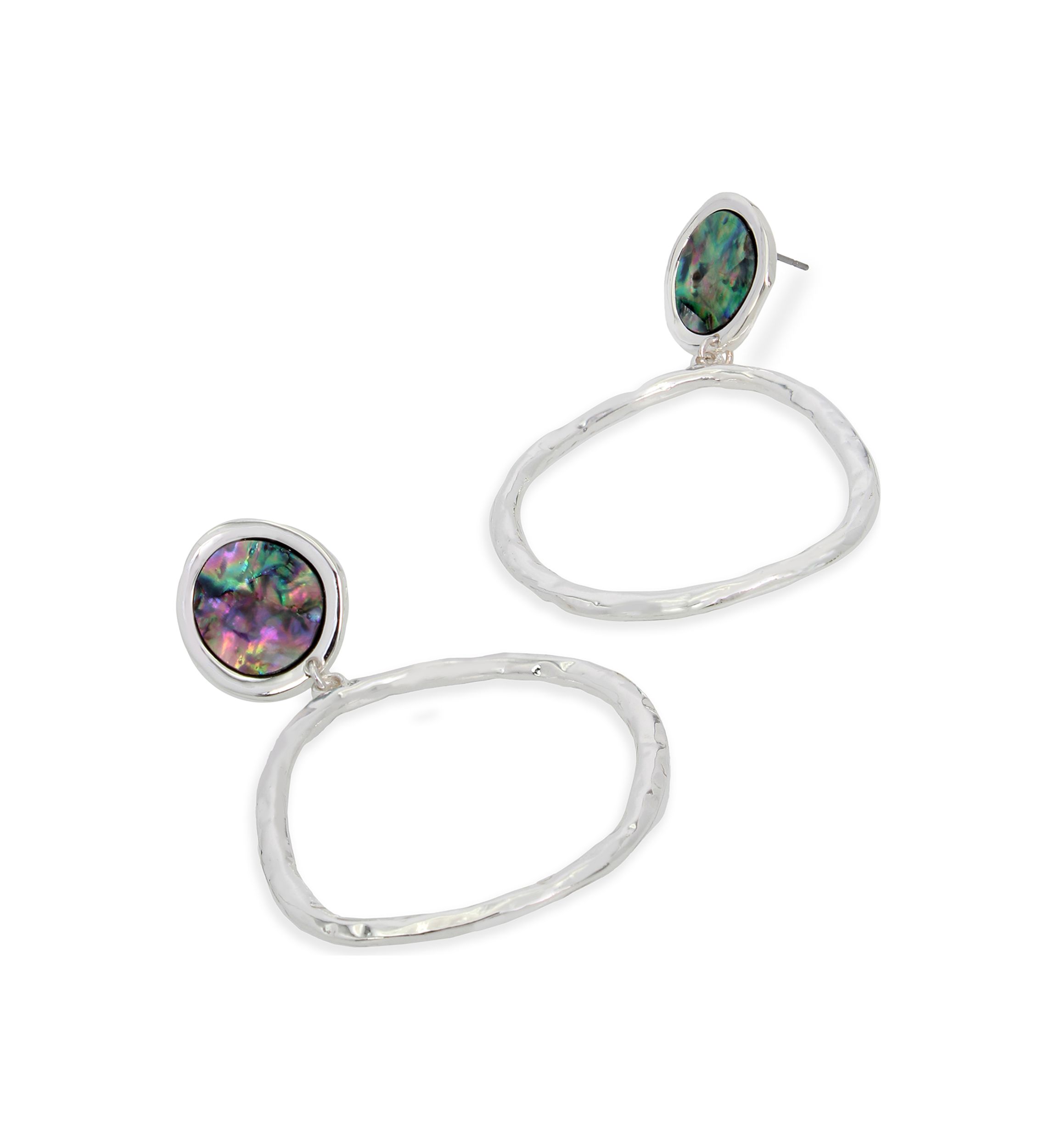 Silver Tone Abalone Hoop Drop Earrings