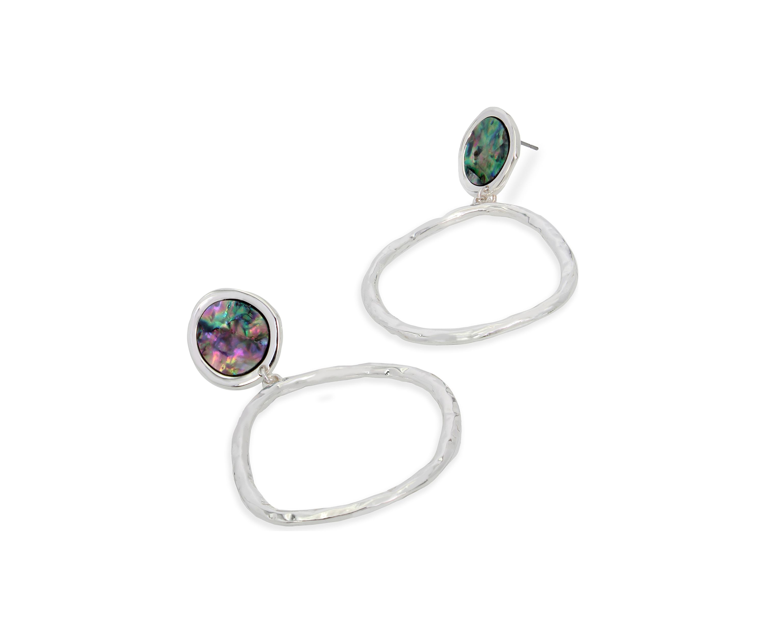 Silver Tone Abalone Hoop Drop Earrings