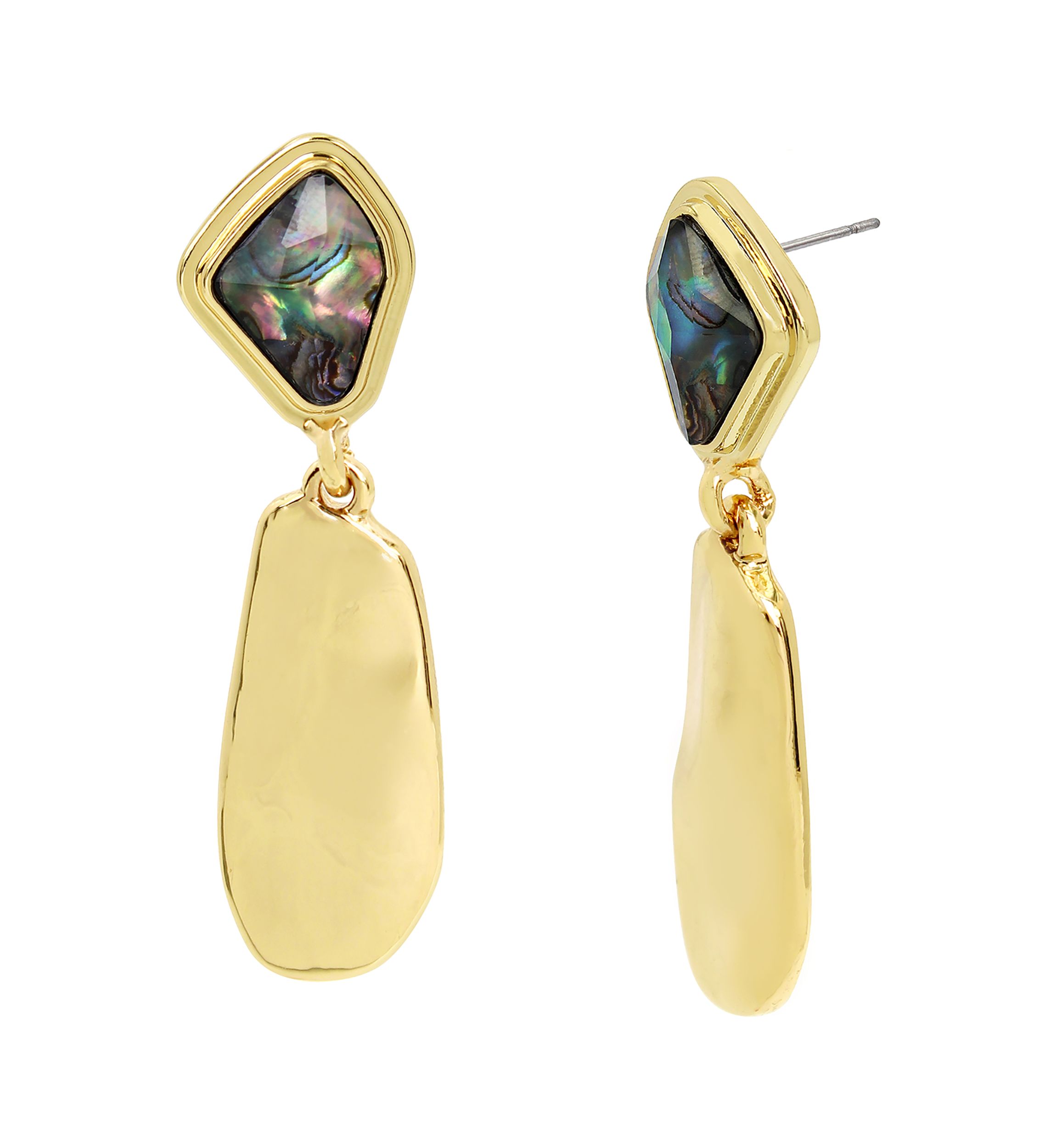 Gold Tone Abalone Molten Paddle Drop Earrings