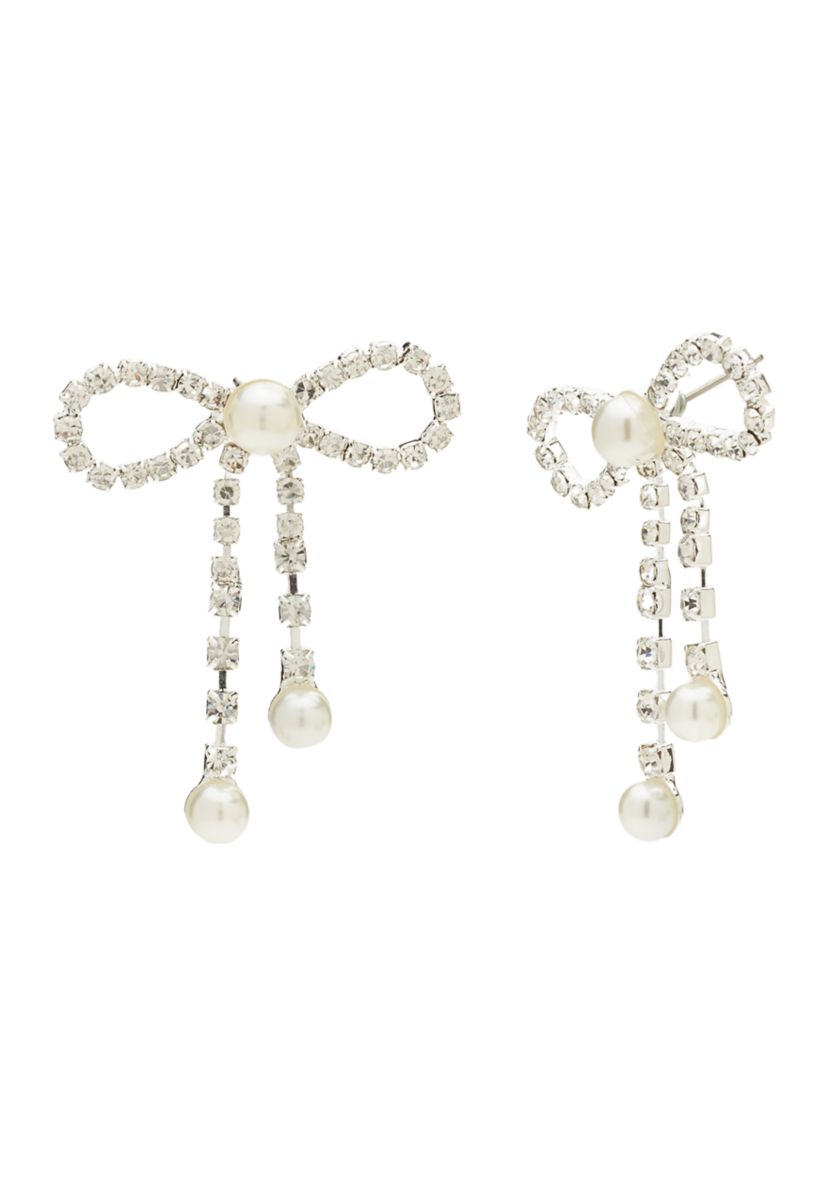 Silver Open Bow Pearl Drop Earrings