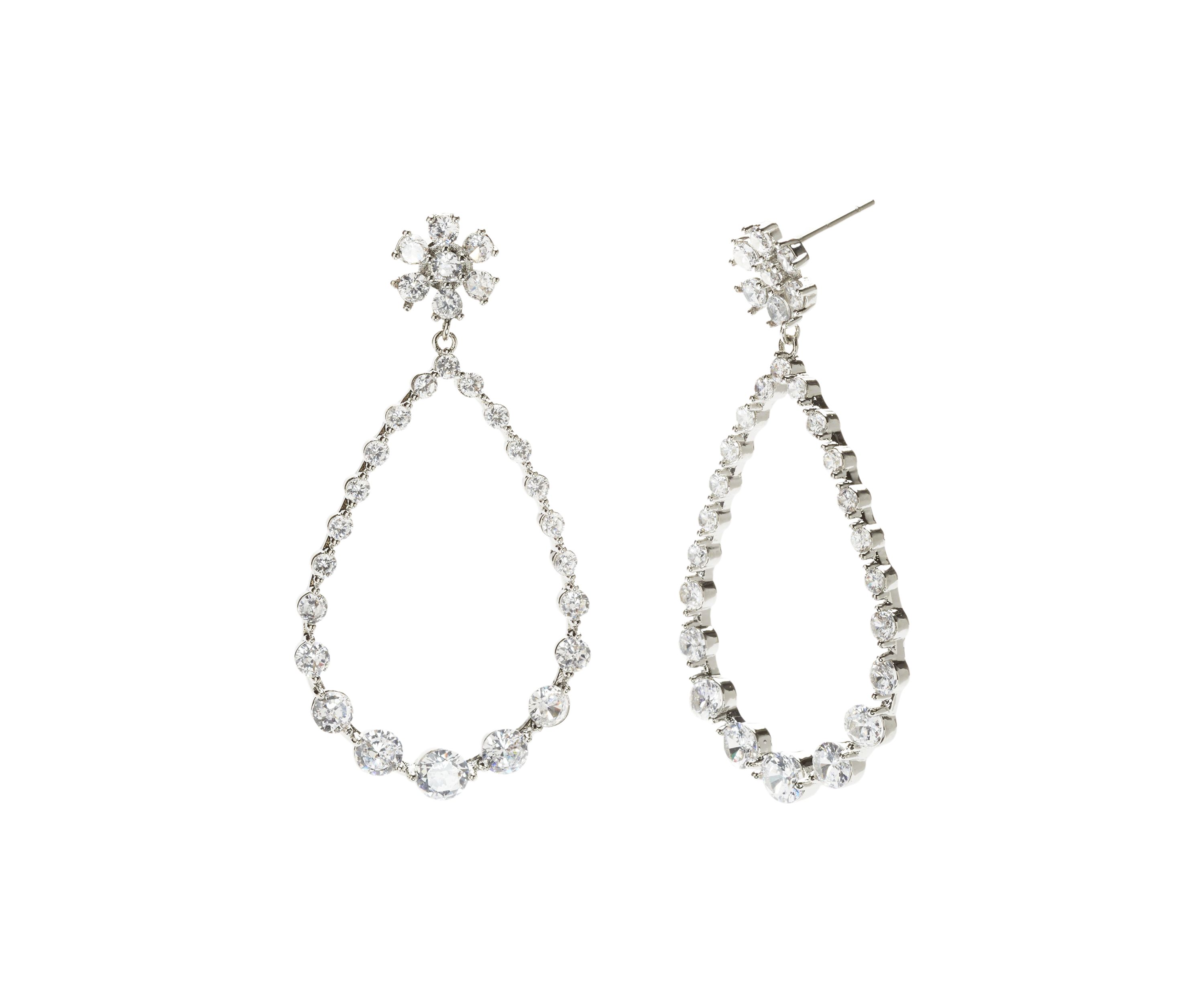 Silver Tone Cubic Zirconia Flower Top Open Drop Earrings