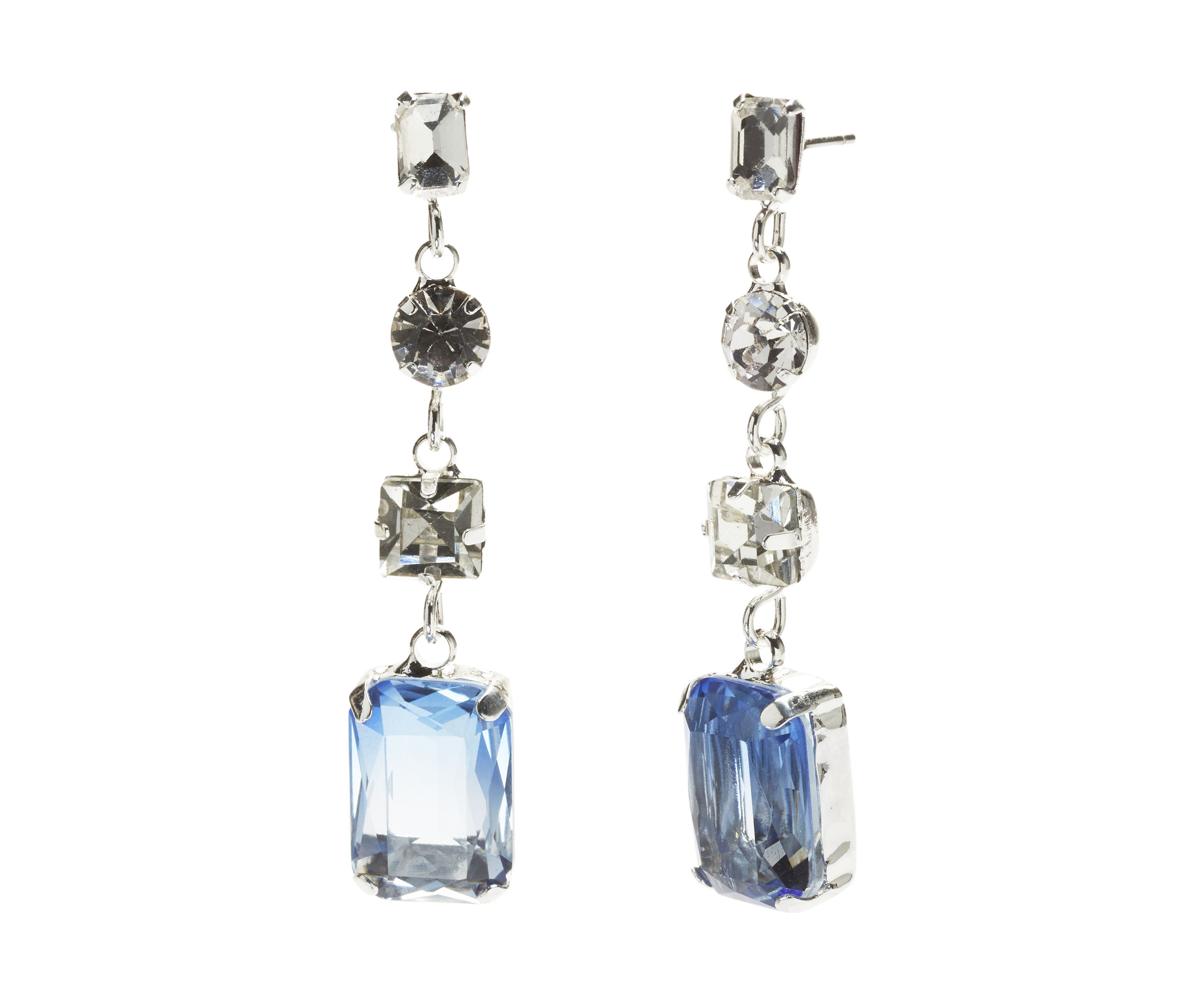 Silver Tone Blue Linear Soft Square Drop Earrings