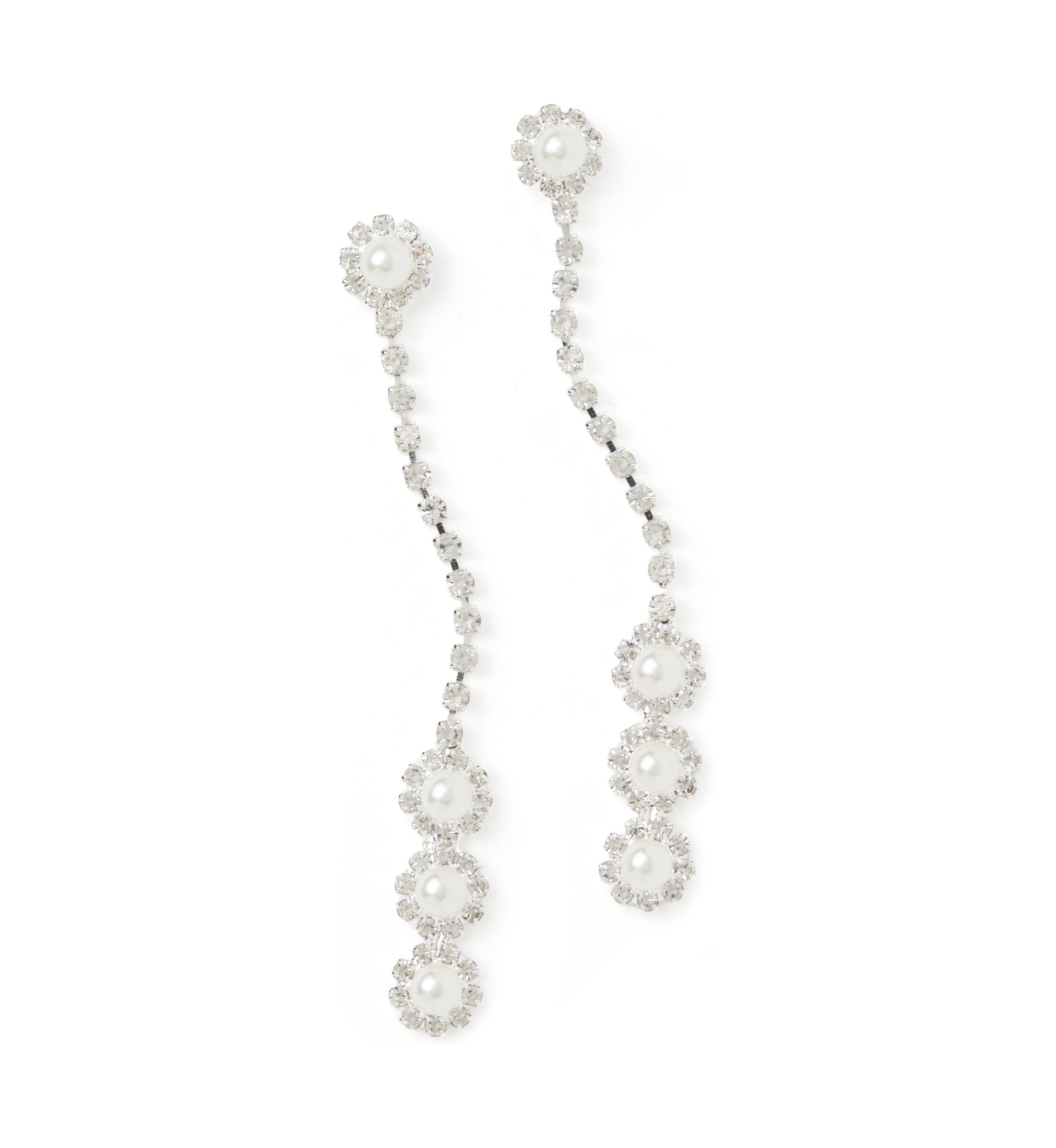 Silver Tone Halo Flower Drop Linear Earrings