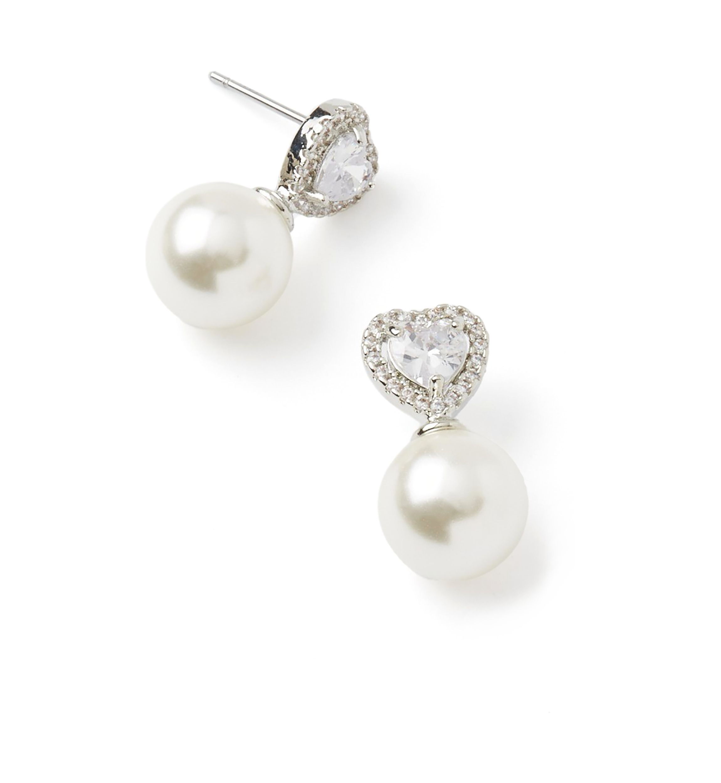 Silver Tone Happy Heart Pearl Earrings