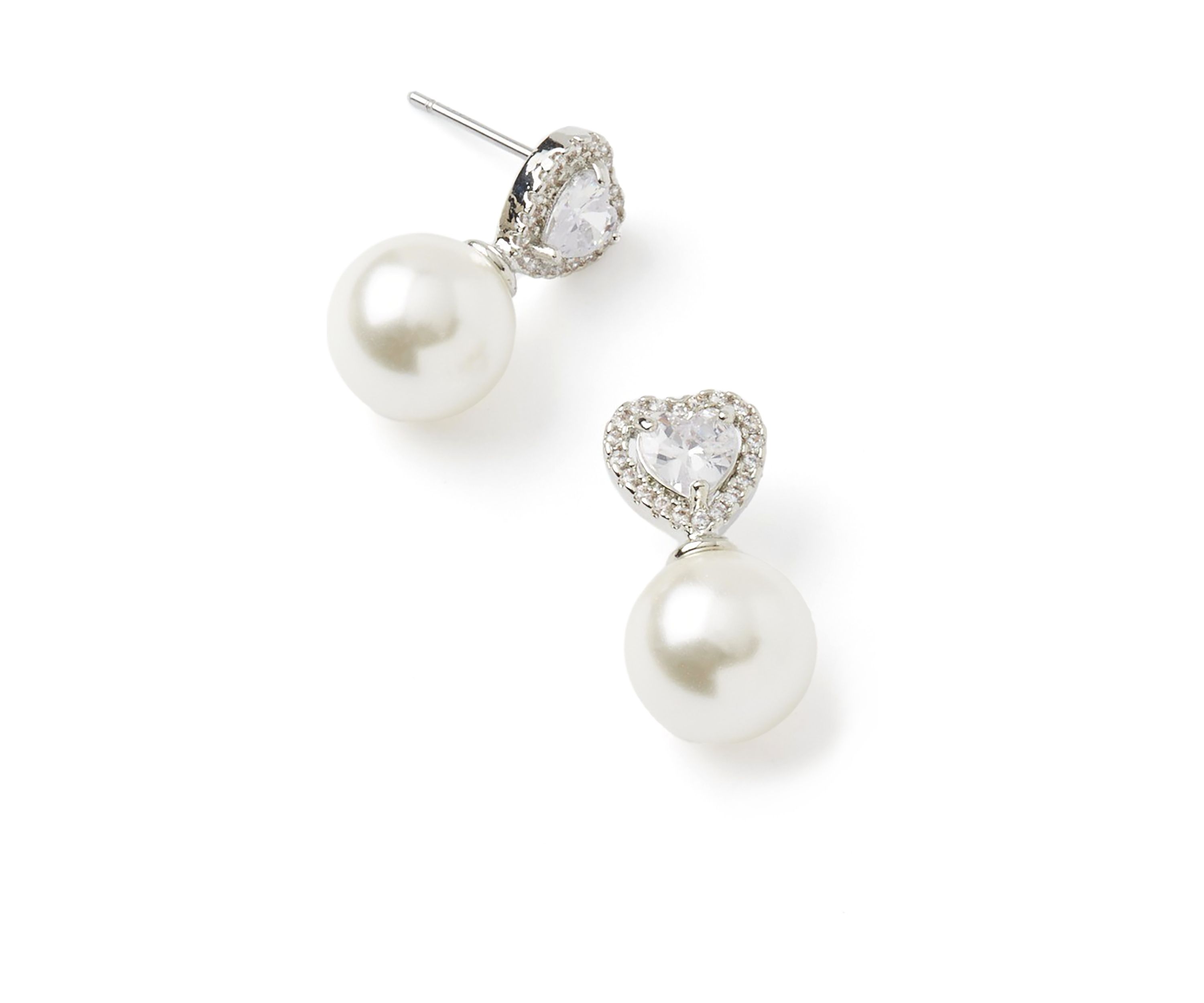 Silver Tone Happy Heart Pearl Earrings