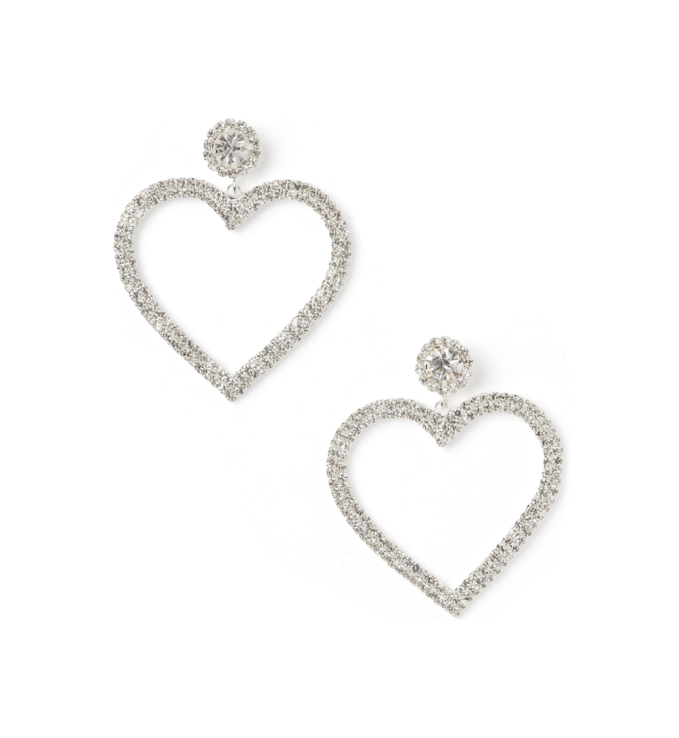 Silver Tone Sparkly Heart Open Drop Earrings