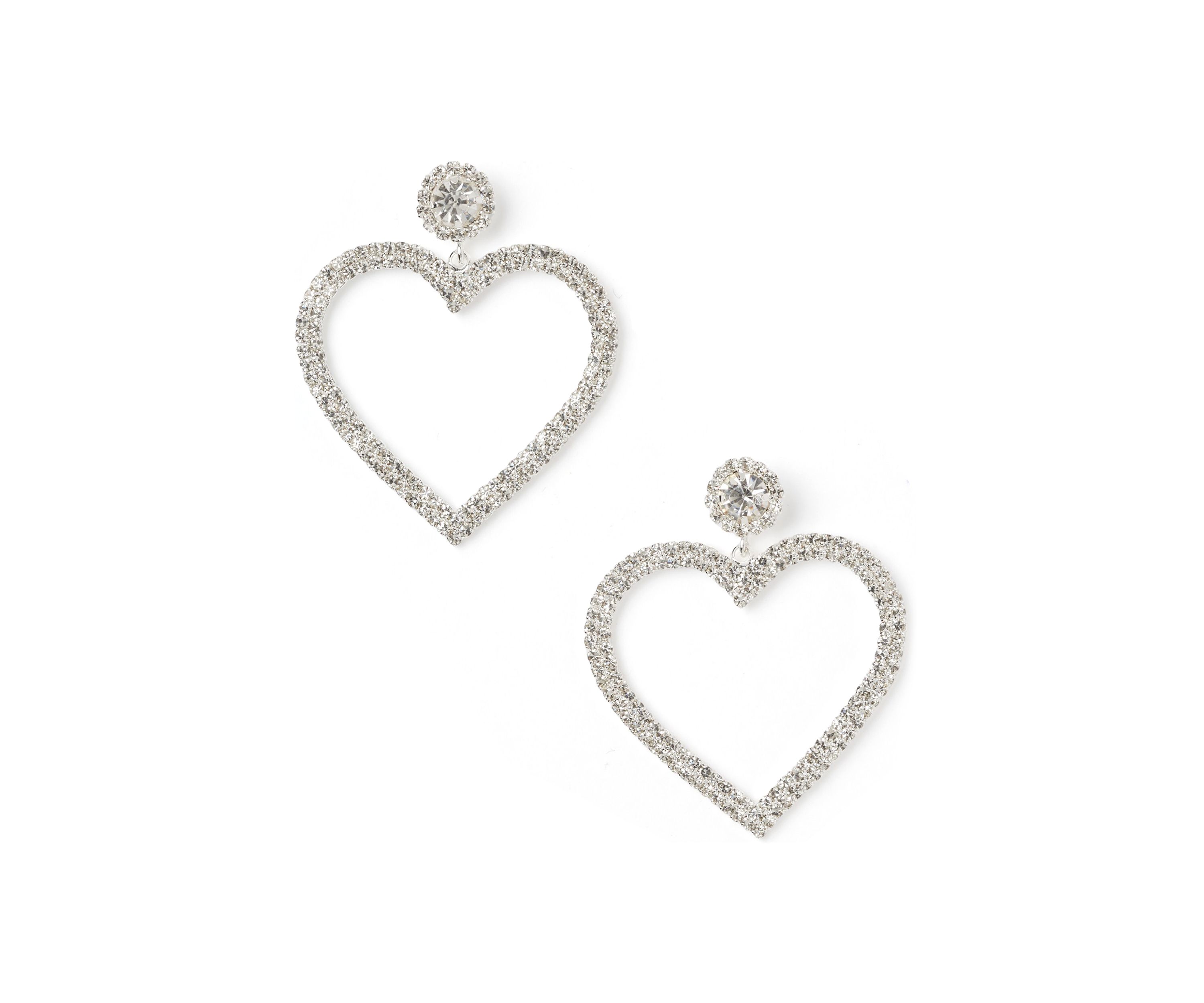 Silver Tone Sparkly Heart Open Drop Earrings