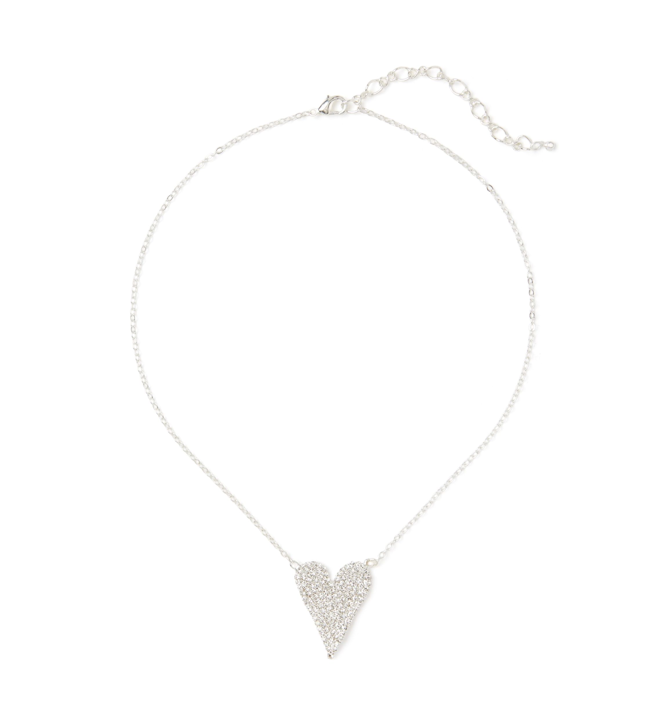 Silver Tone Rock Solid Sparkle Heart Necklace