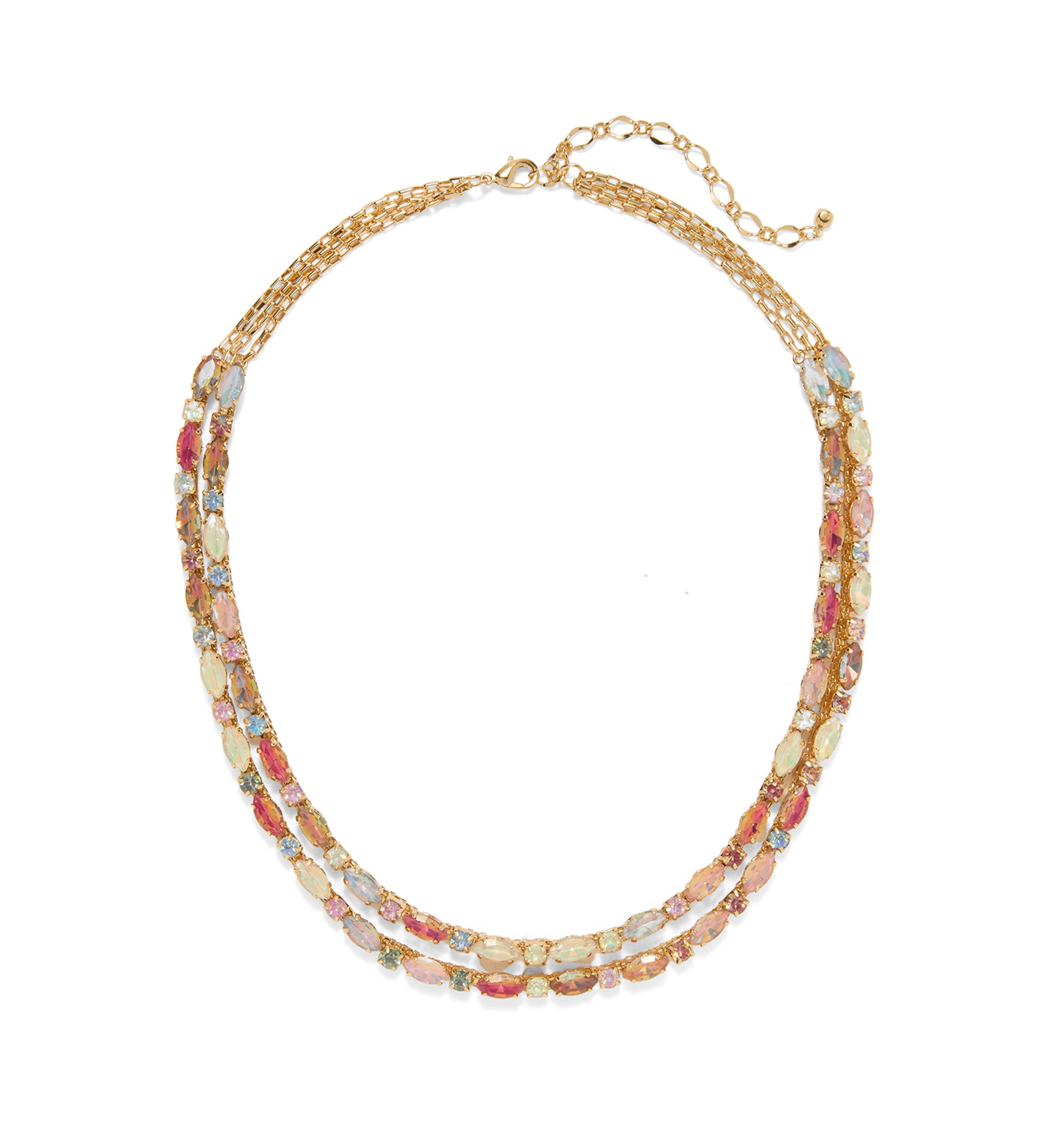 Gold Tone Two Row Multi Colored Layered Necklace