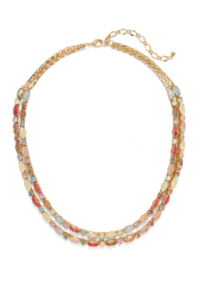 Gold Tone Two Row Multi Colored Layered Necklace