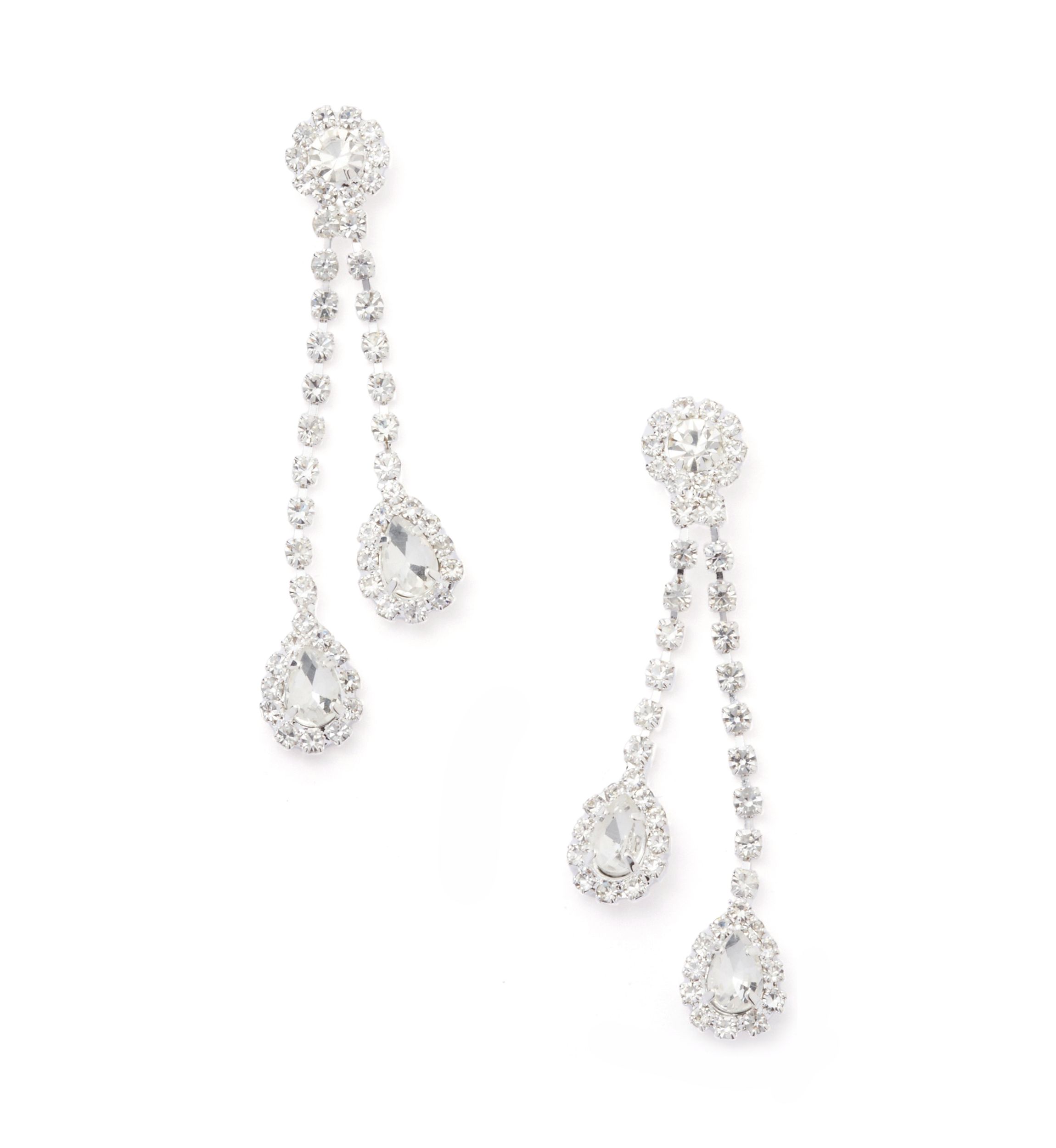 Silver Tone Double Sparkle Teardrops Linear Earrings