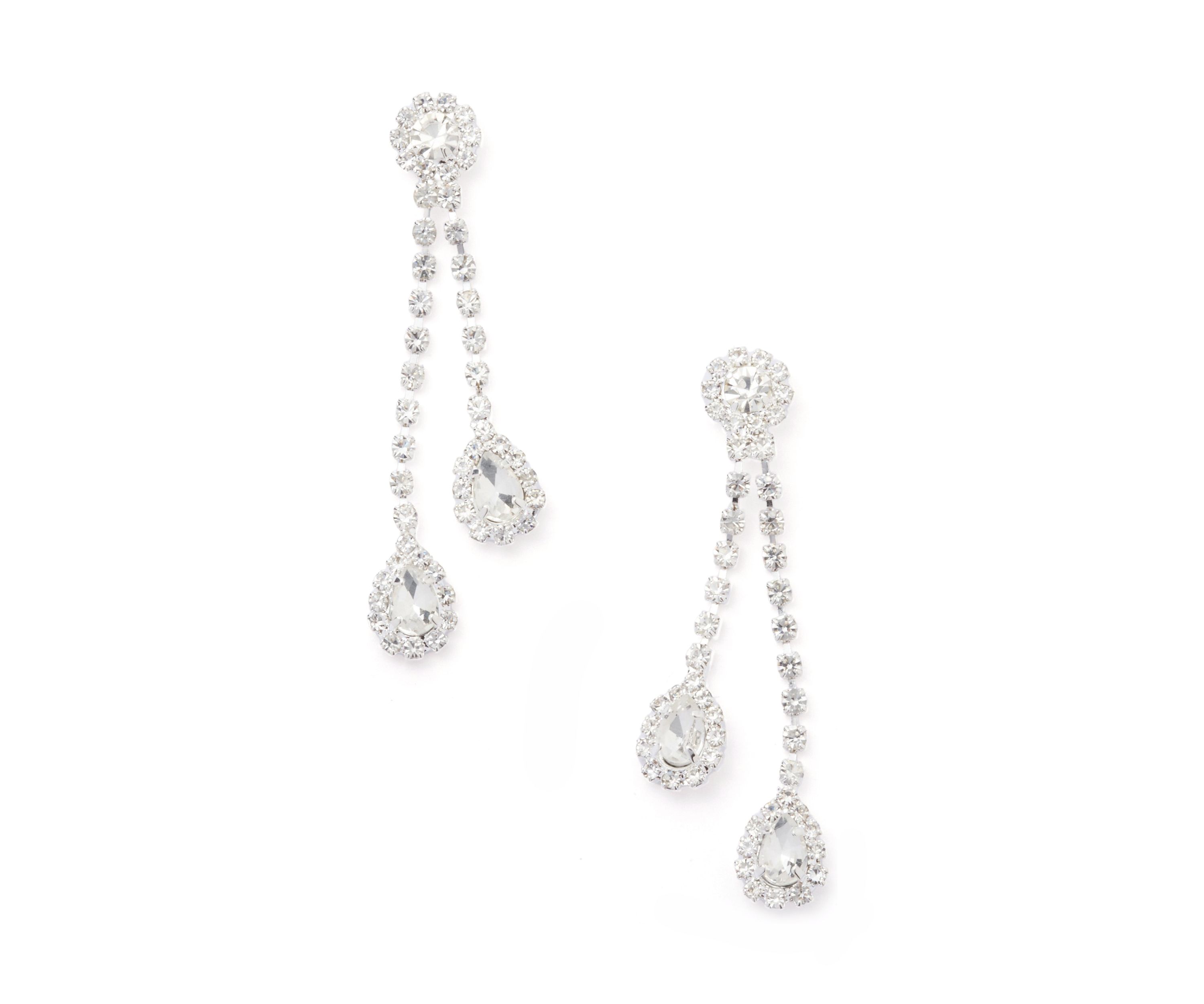 Silver Tone Double Sparkle Teardrops Linear Earrings