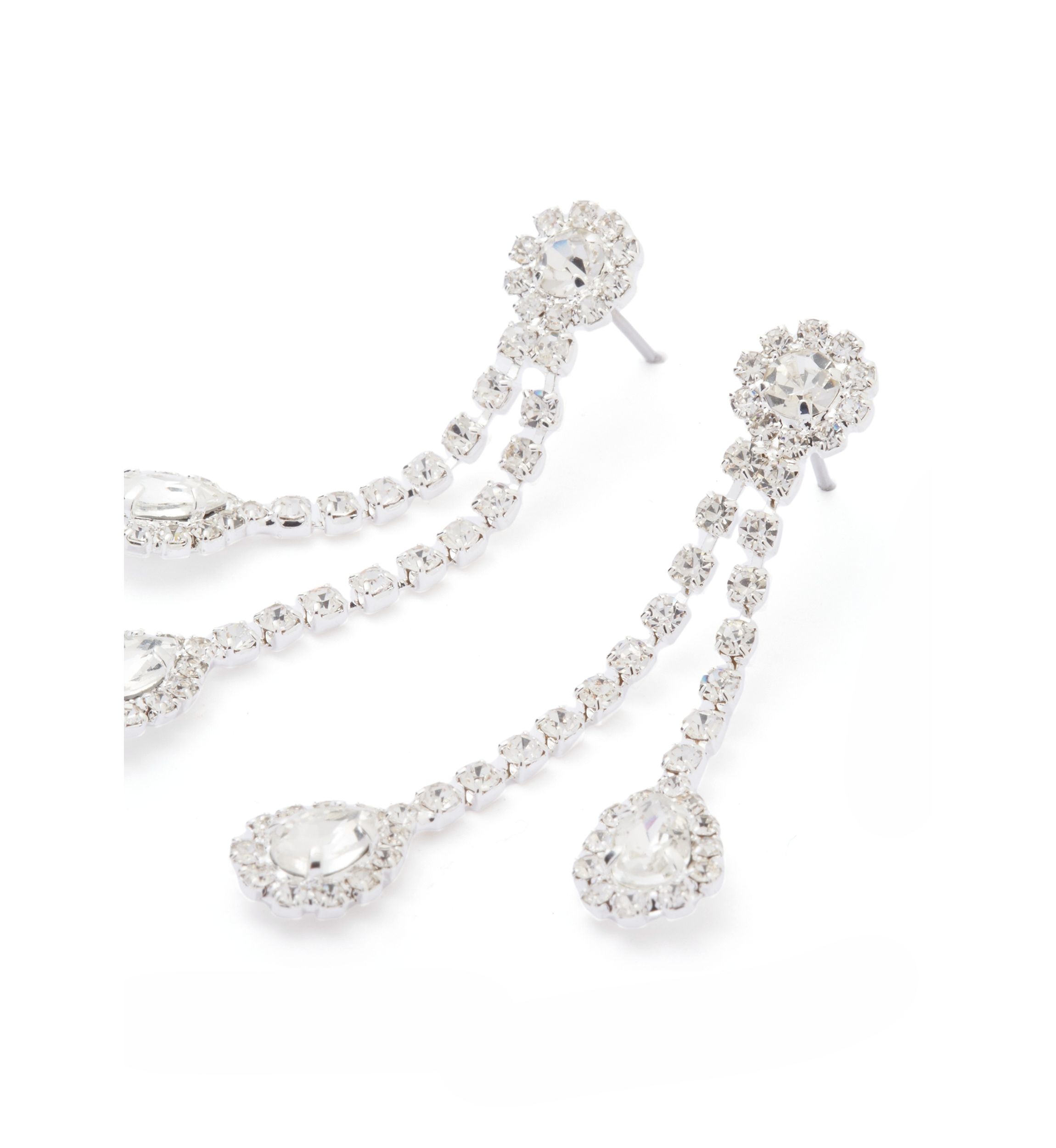 Silver Tone Double Sparkle Teardrops Linear Earrings